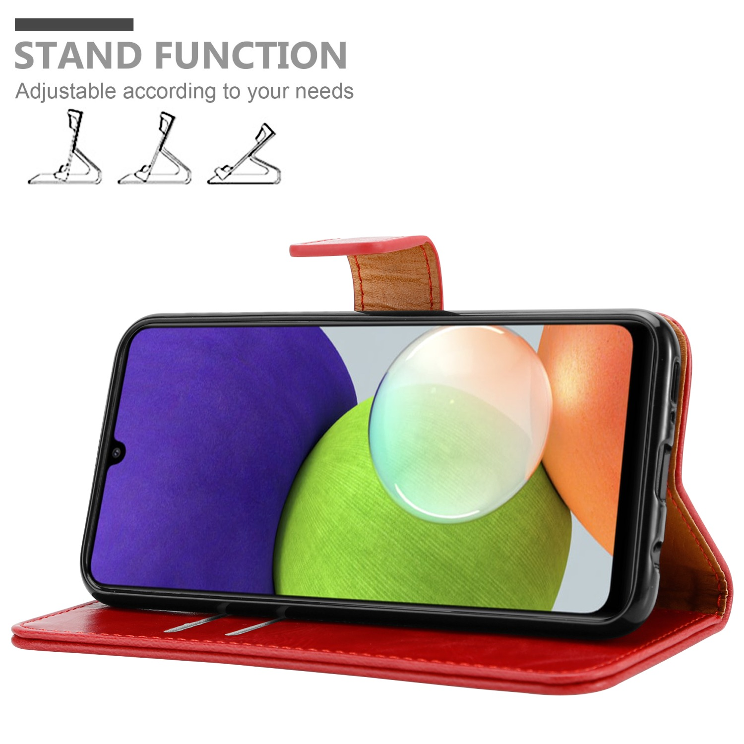 Custodia rossa per telefono, aperta, mostra un telefono con schermo colorato. Illustrazione della funzione supporto in alto.