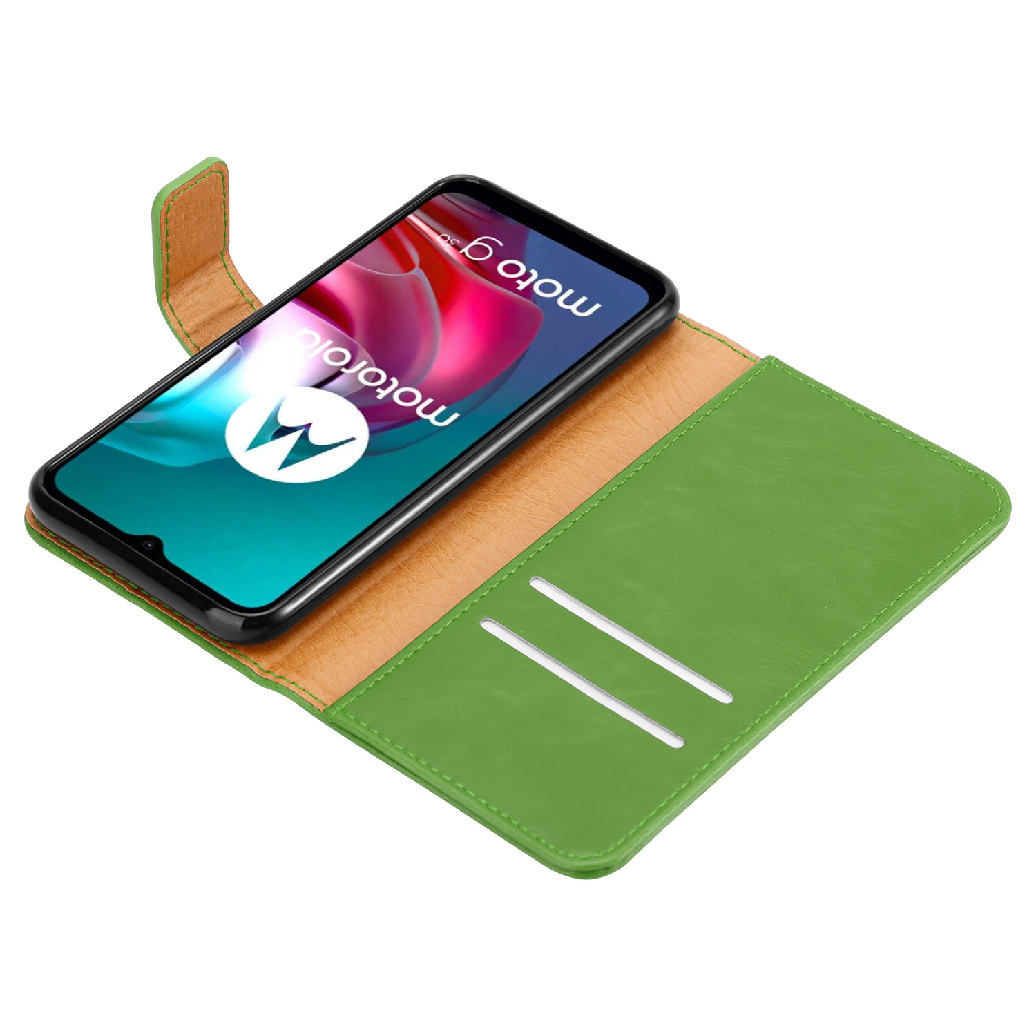 Custodia per telefono verde, aperta, con telefono all'interno. Schermo del telefono visibile. Due fessure per carte.