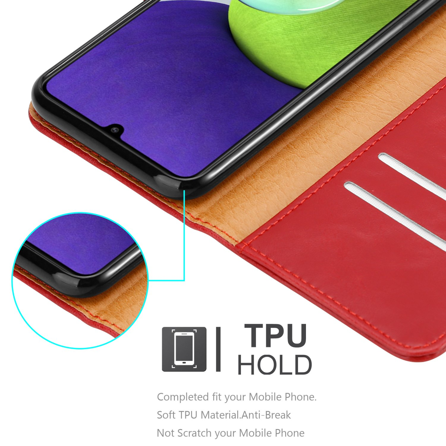 Custodia per telefono rossa e marrone chiaro con telefono. Testo: TPU HOLD. Il telefono è nero con schermo a colori.