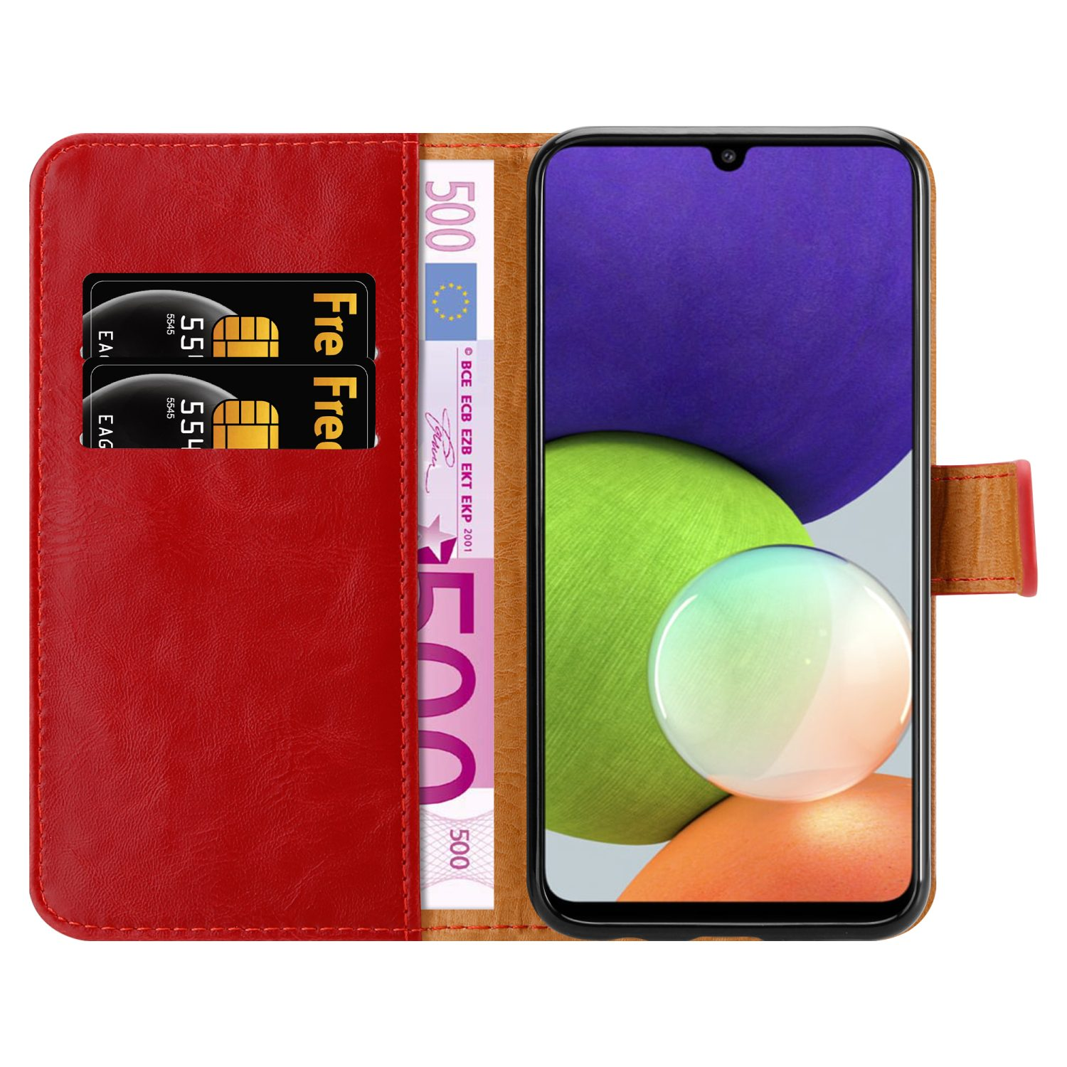 Custodia per telefono rossa e marrone con telefono e carte all'interno. Lo schermo mostra un'immagine colorata.