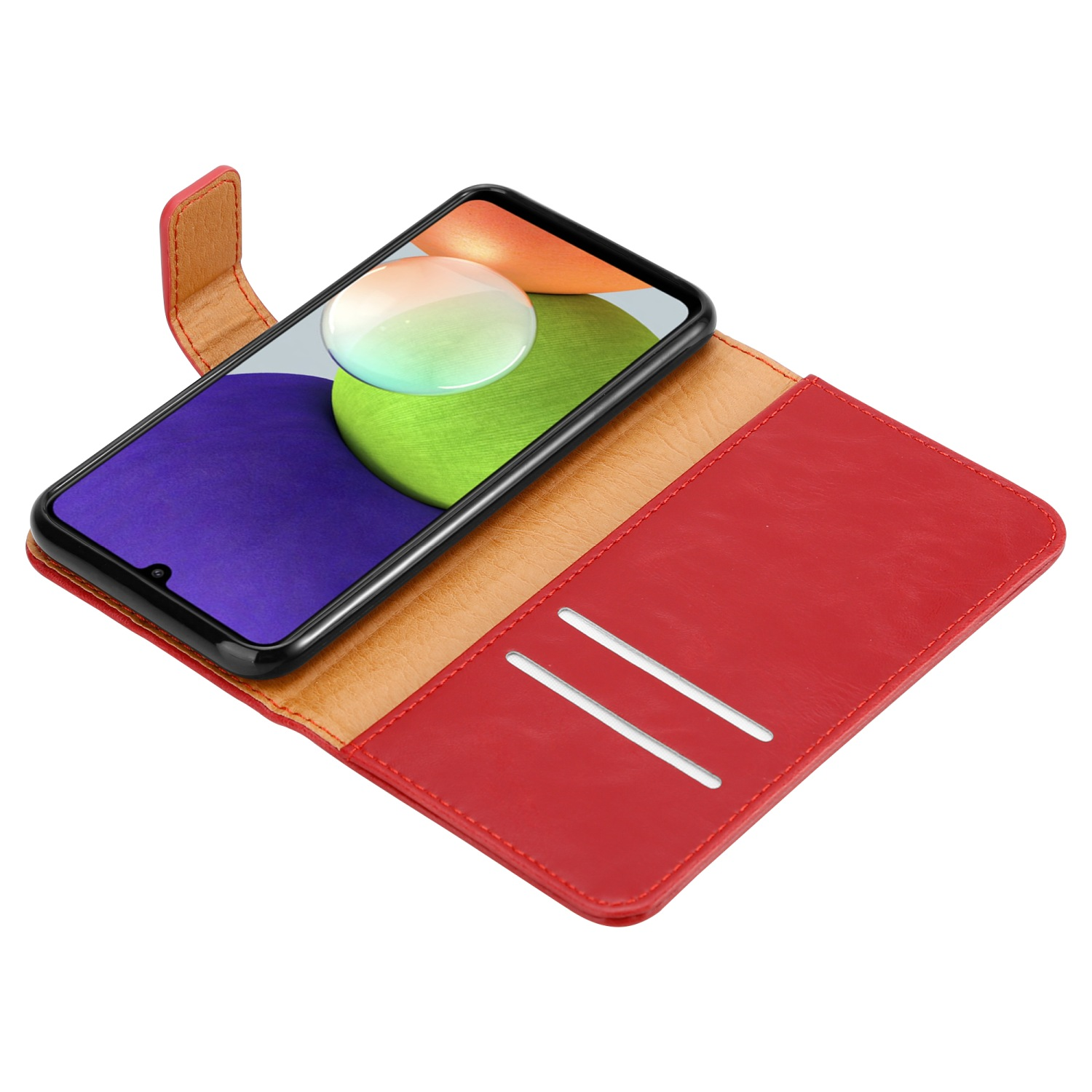 Custodia rossa per telefono, aperta con un telefono all'interno. La custodia ha fessure per carte.