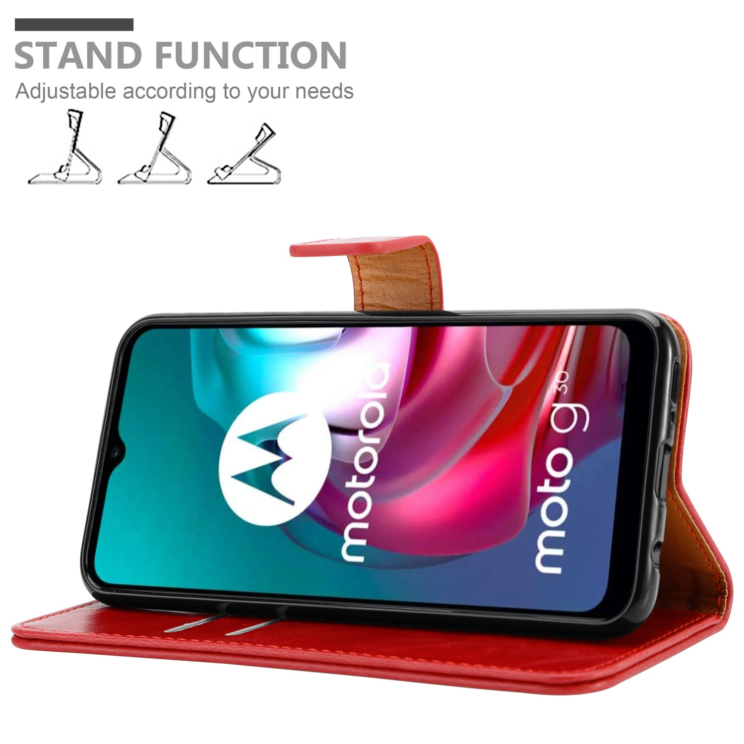 Custodia per telefono rossa con telefono, sfondo bianco. Diagramma della funzione stand. Testo: Funzione stand, regolabile alle tue esigenze.