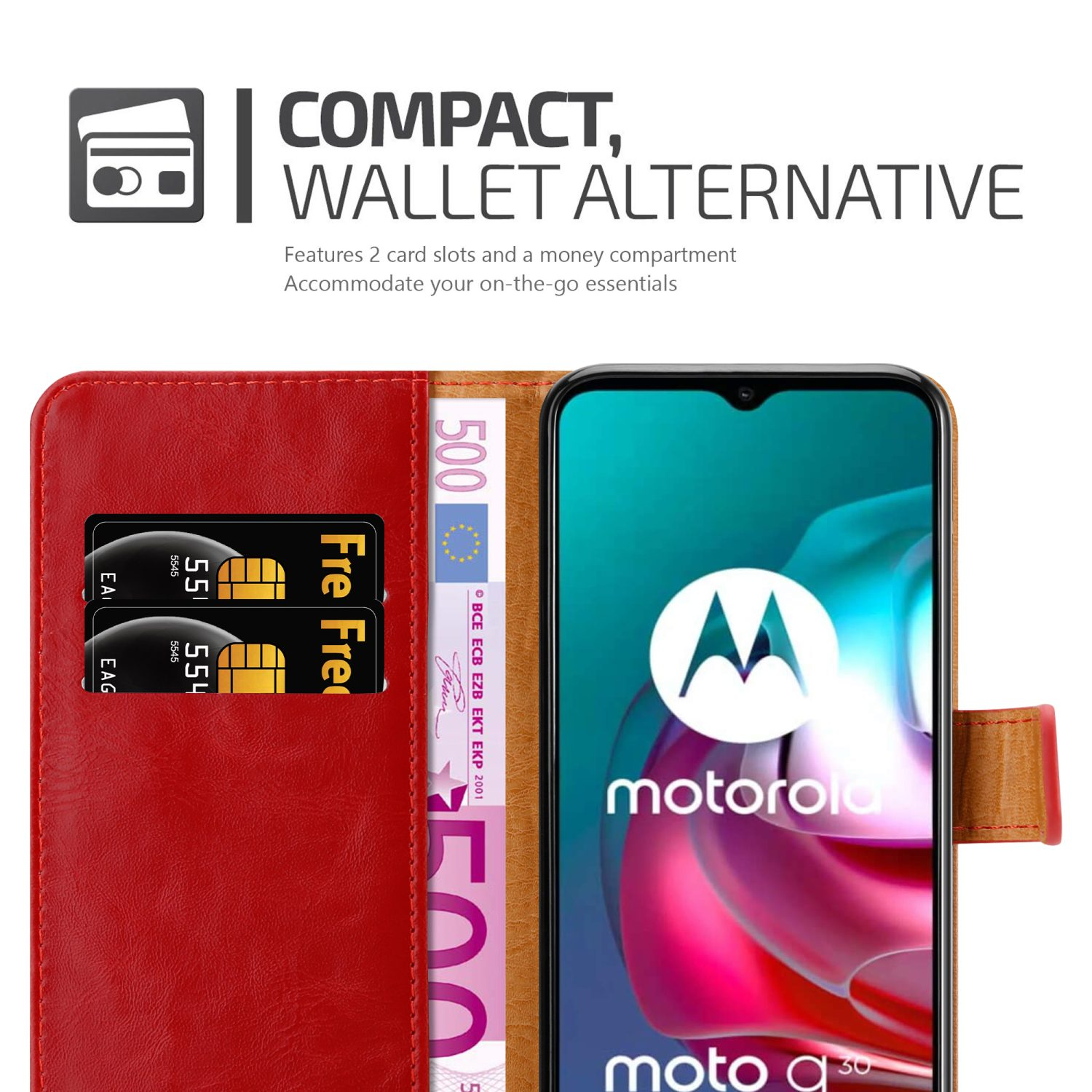 Custodia per telefono rossa e marrone con telefono e carte all'interno. Mostra il logo Motorola.
