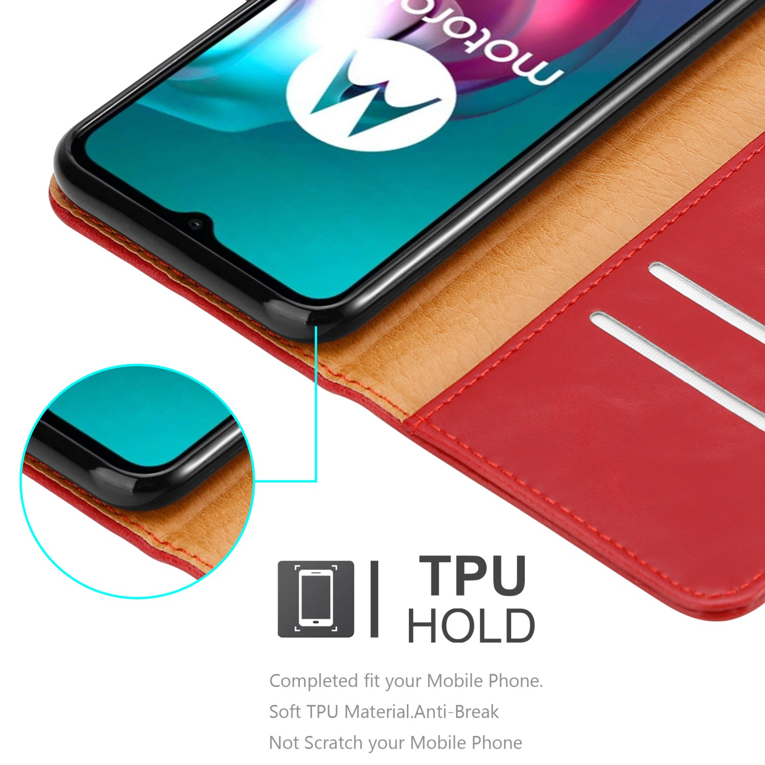 Custodia rossa e marrone con telefono. TPU HOLD mostrato. Lo schermo del telefono è giallo.