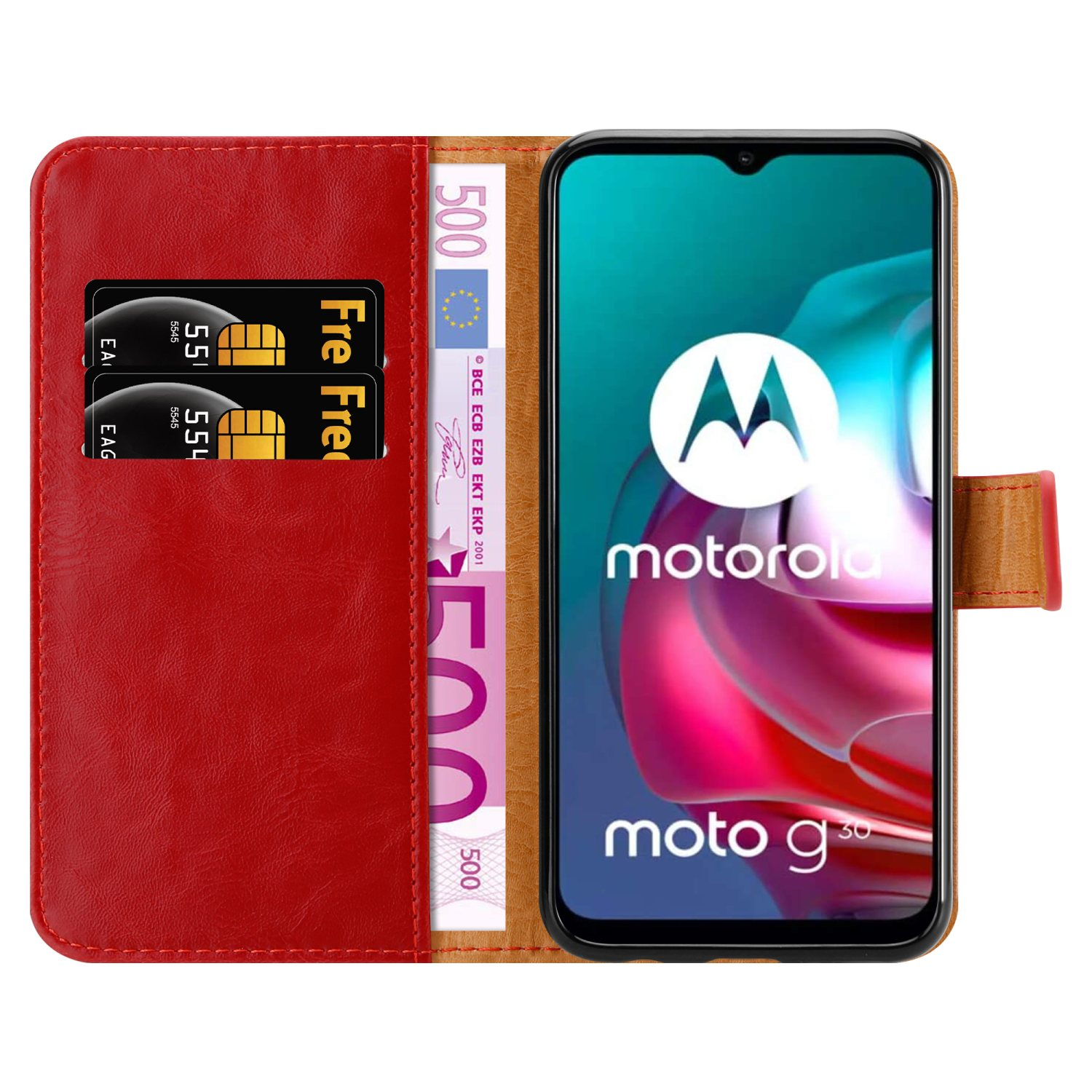 Custodia per telefono rossa con carte e banconote in euro, con telefono Motorola visibile.