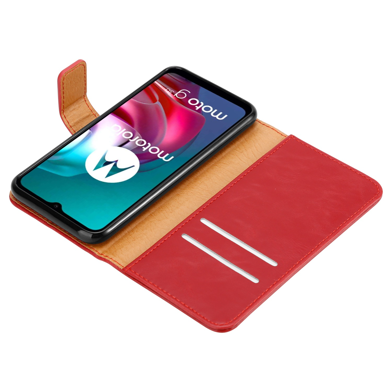 Custodia rossa aperta, con telefono all'interno e slot per schede visibili.