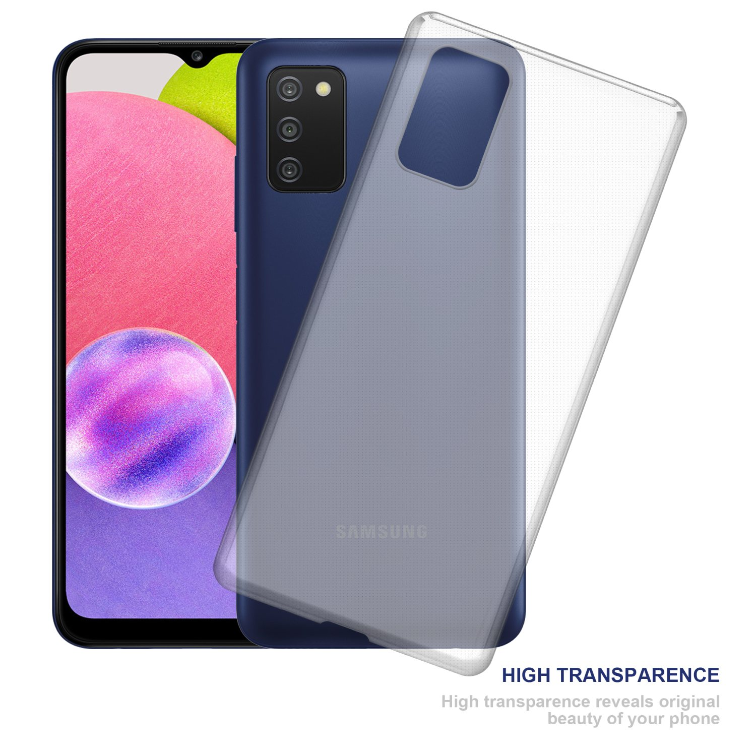 Blaues Telefon und transparente Hülle. Zeigt Kamera und Bildschirm. Hohe Transparenz.