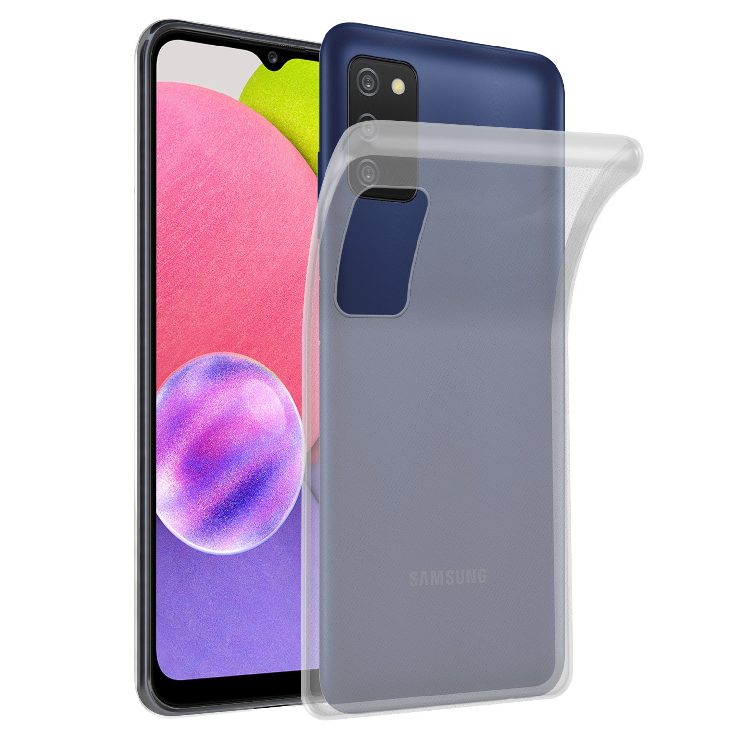 Transparente Handyhülle auf einem blauen Telefon.