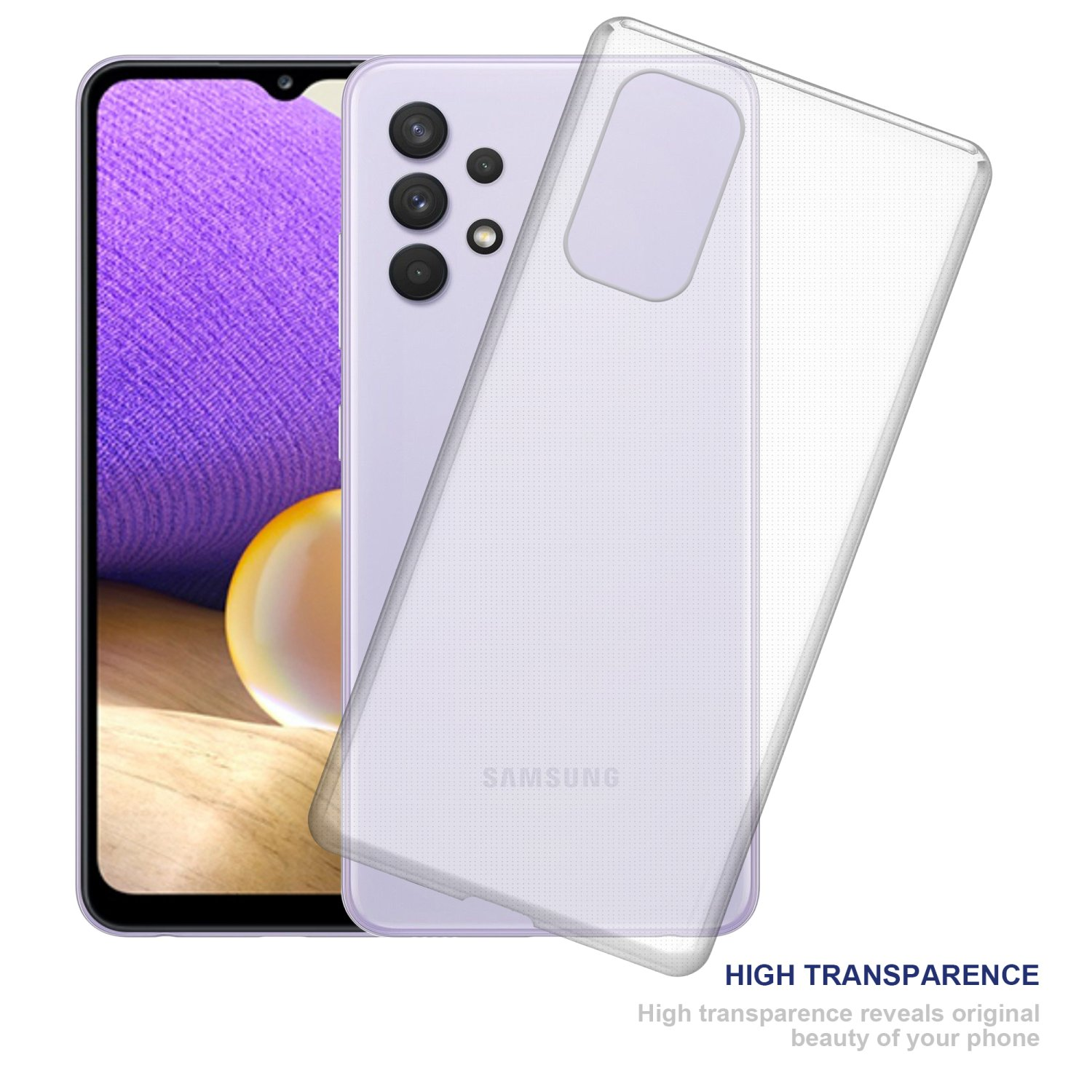 Handy und transparente Hülle. Text: Hohe Transparenz zeigt die Schönheit Ihres Telefons.