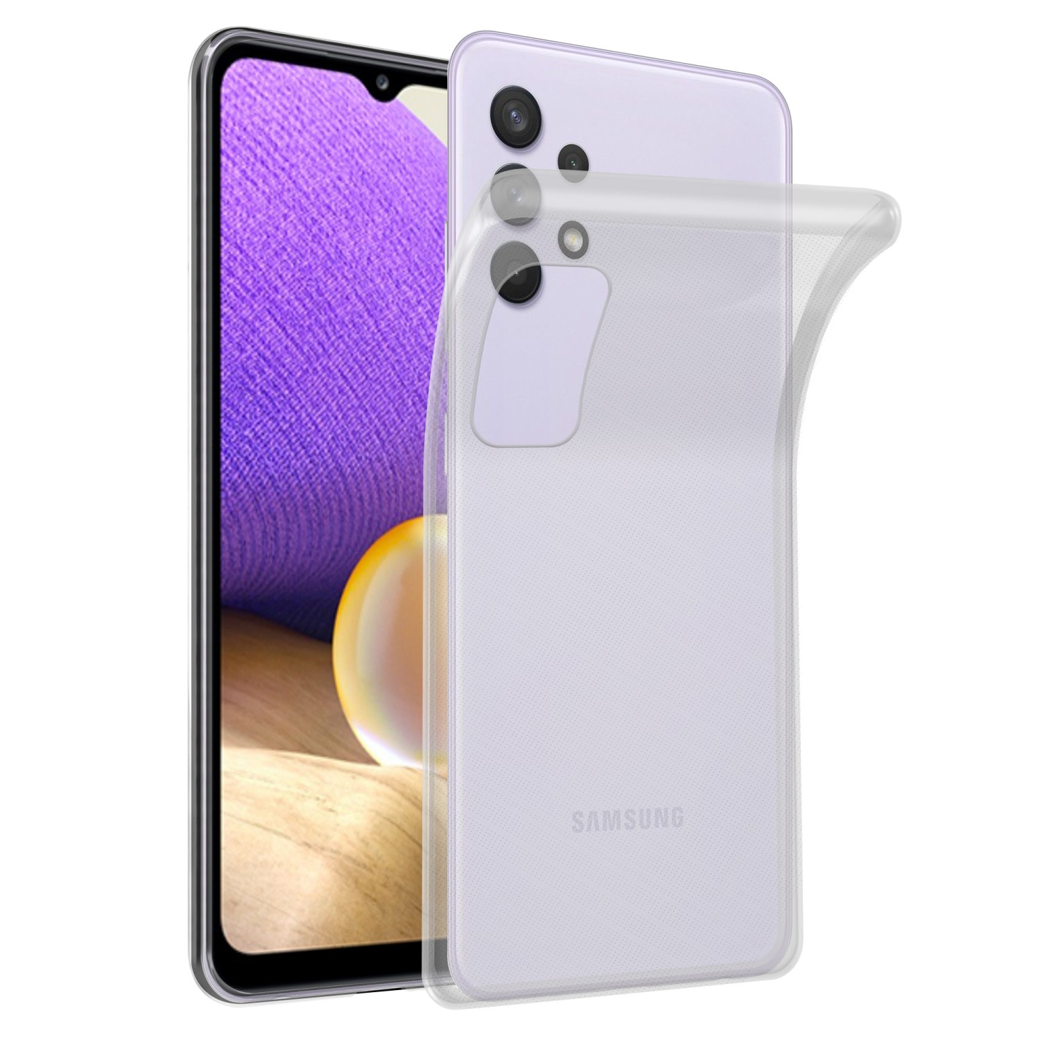 Telefon und transparente Hülle. Telefon ist hellviolett, Hülle klar. Samsung-Logo sichtbar.