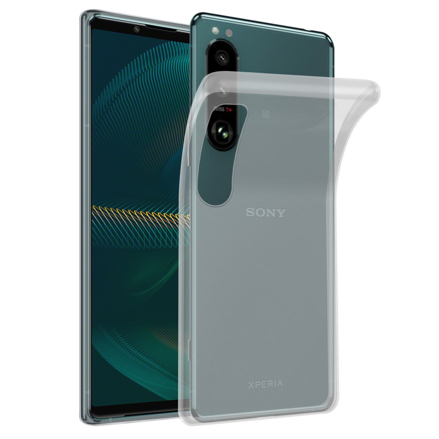 Un telefono verde con una custodia trasparente è visualizzato accanto a un altro telefono.