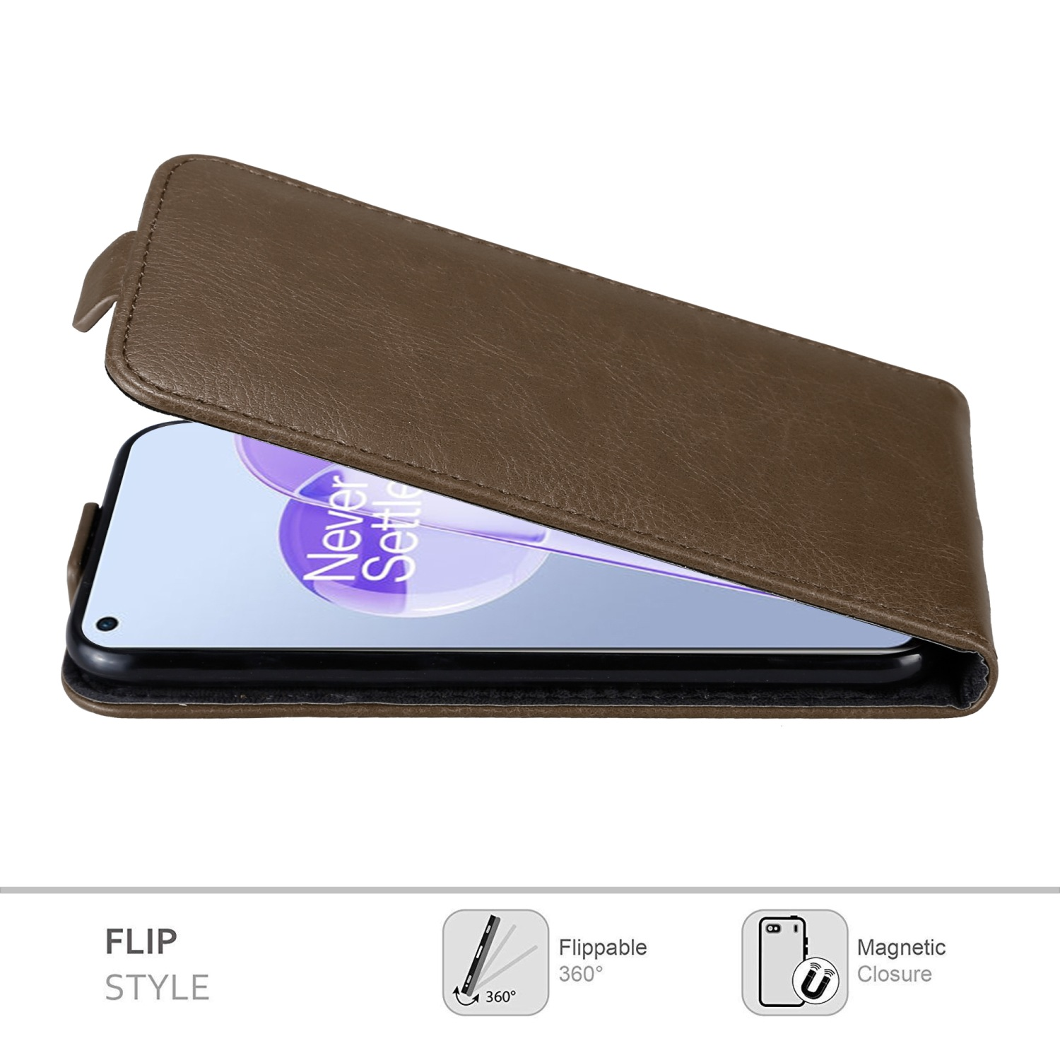 Custodia marrone per telefono, aperta. Telefono all'interno visibile. Testo: Stile flip, ribaltabile a 360 gradi, chiusura magnetica.