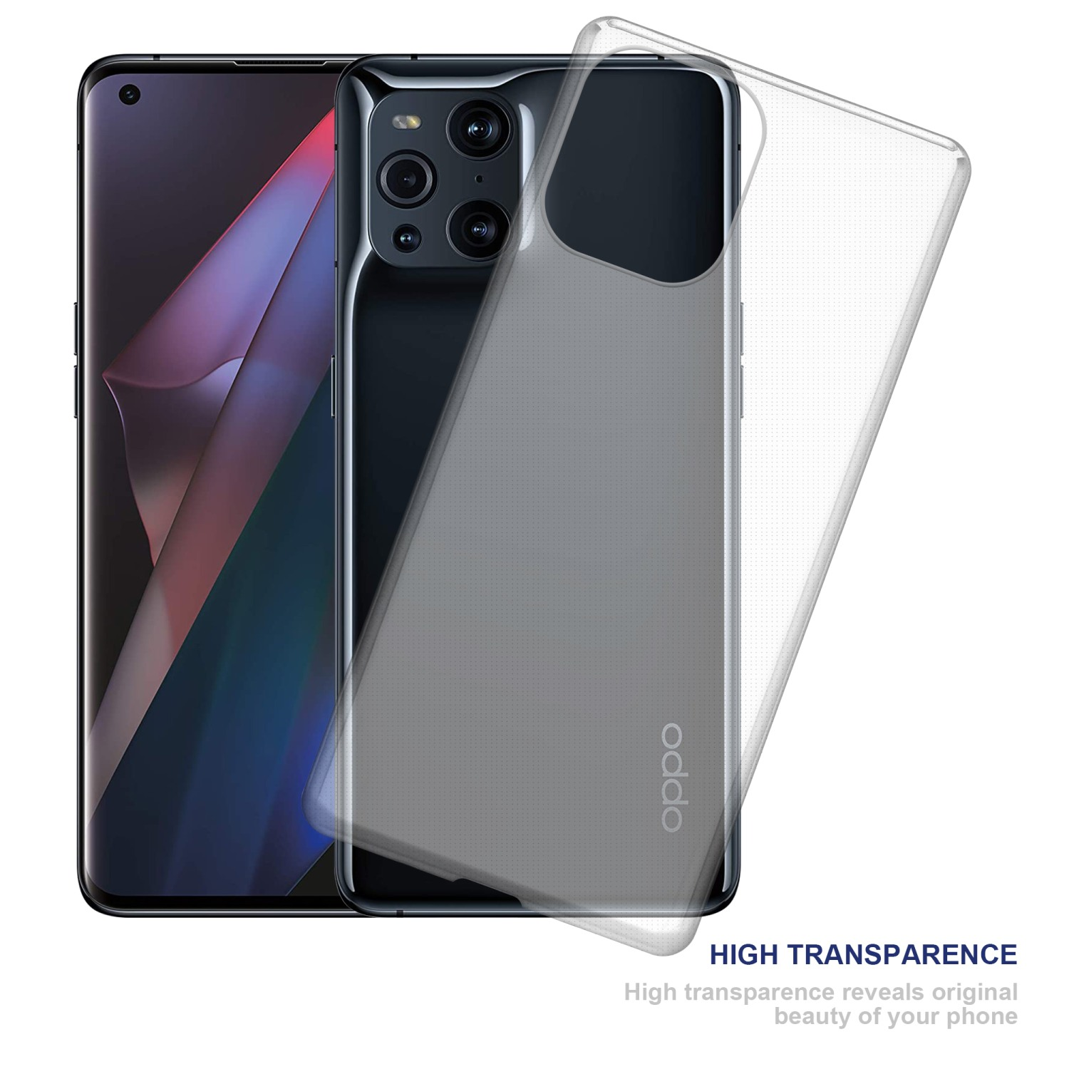 Transparente Handyhülle über dem Telefon, mit Telefon und Hülle auf dunklem Hintergrund.