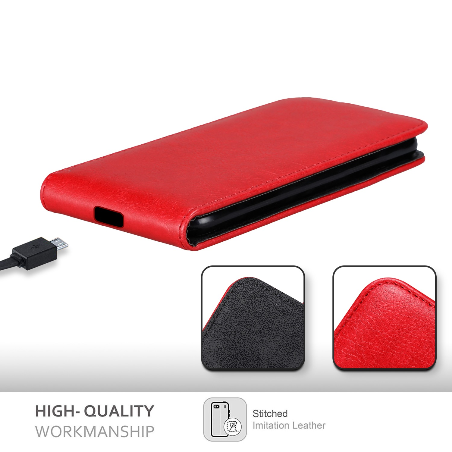 Custodia per telefono rossa con porta di ricarica. Presenta pelle imitazione cucita.