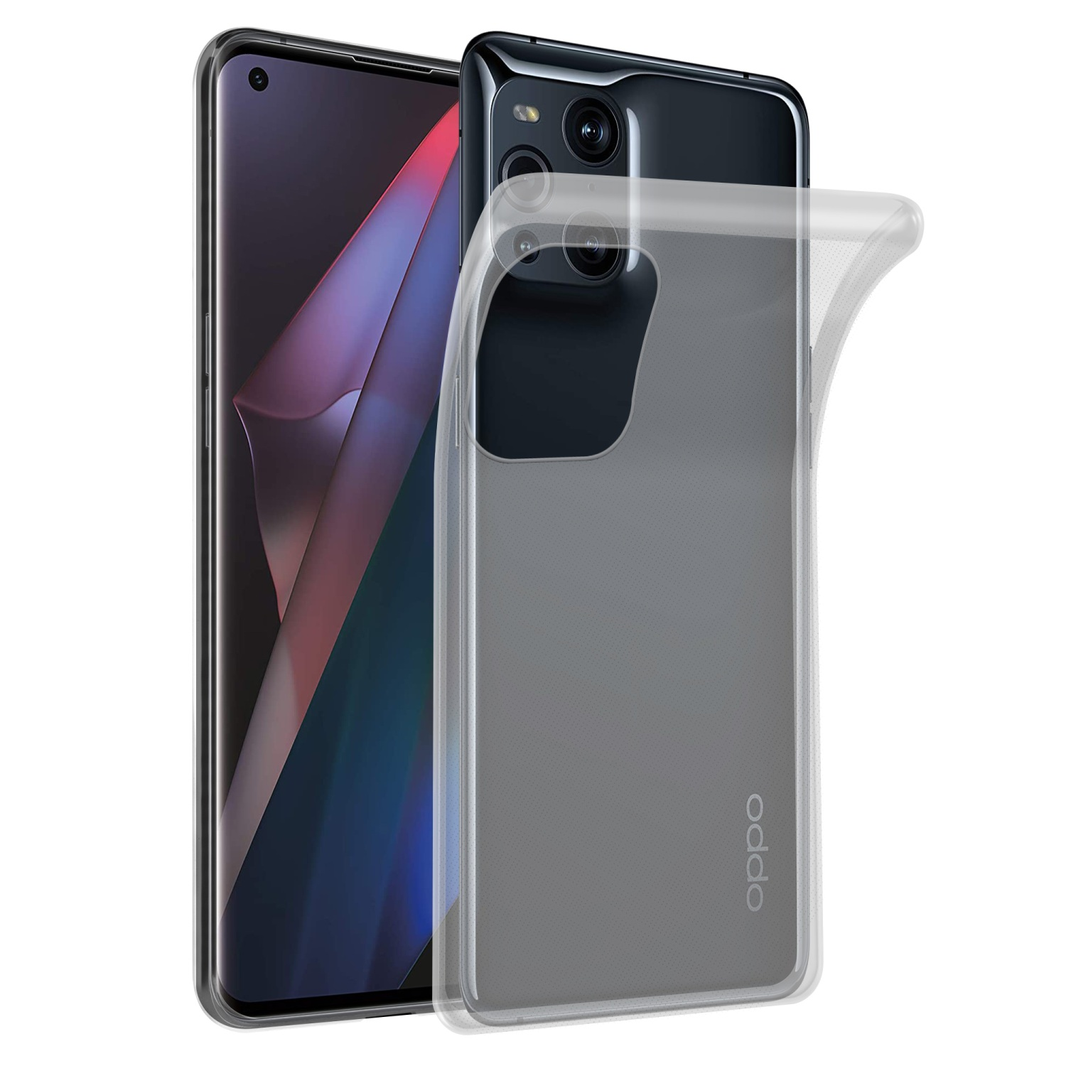 Transparente Handyhülle auf einem schwarzen Telefon, mit transparentem Rücken, Details sichtbar, auf weißem Grund.