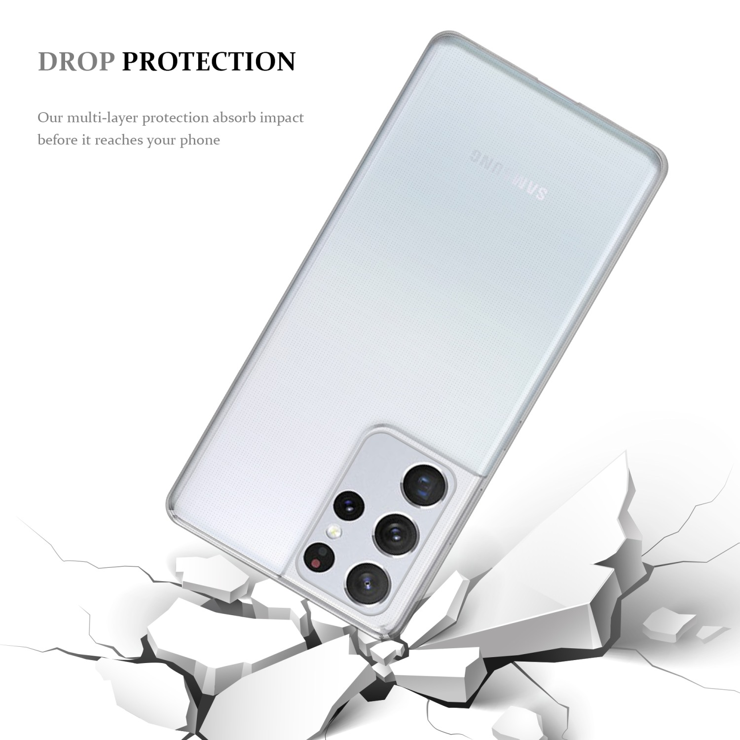 Un telefono in una custodia trasparente inclinato su una superficie incrinata, con testo 'DROP PROTECTION'.