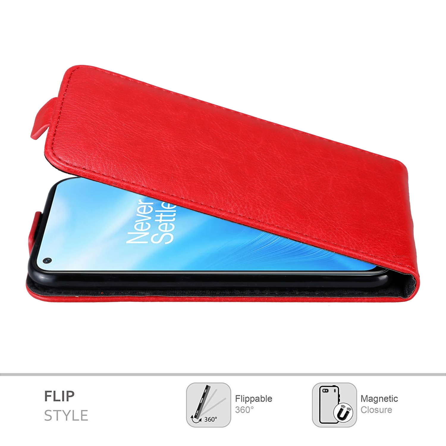 Custodia per telefono rossa, aperta. Schermo del telefono visibile. Icone che mostrano girevole a 360° e chiusura magnetica.