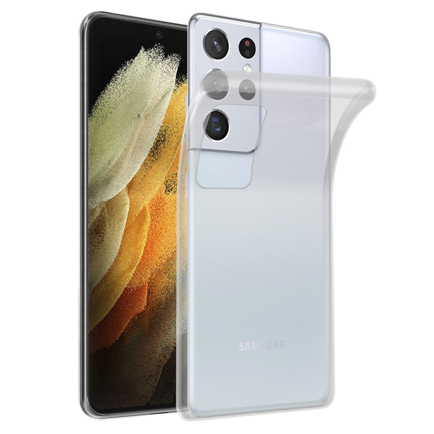Custodia per telefono trasparente su un telefono. Il telefono ha più fotocamere e un logo Samsung.