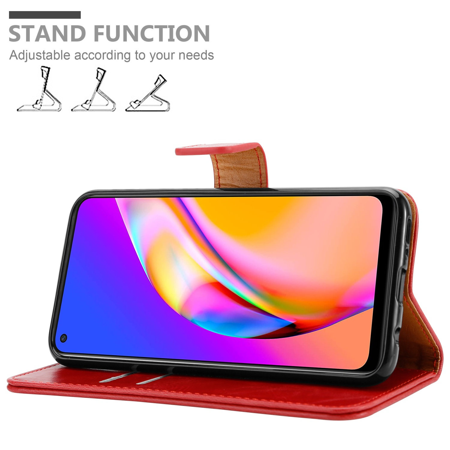 Custodia rossa per telefono, aperta, con telefono che mostra uno sfondo colorato.