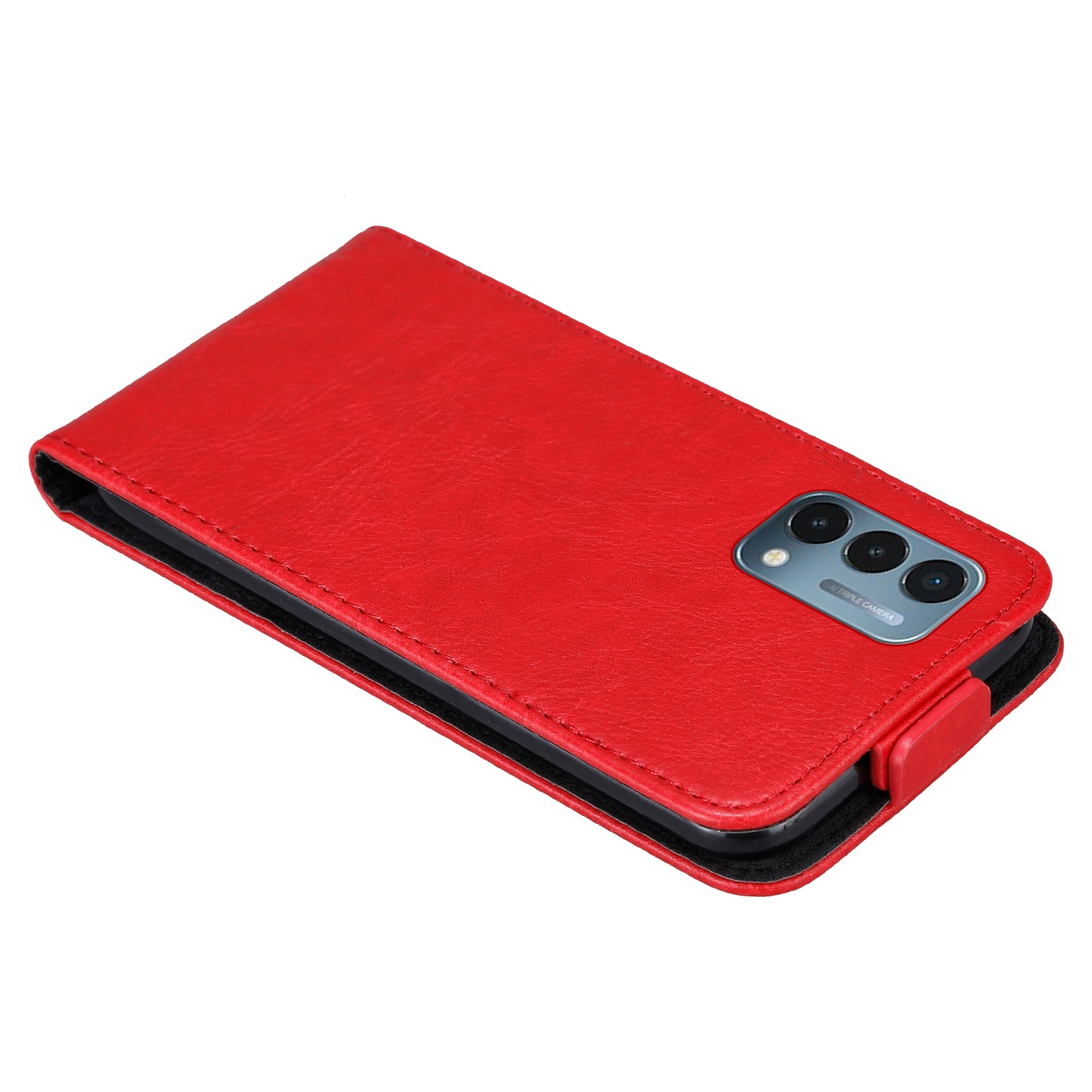 Una custodia per telefono rossa, chiusa. Il telefono è a destra. La custodia è in pelle e chiusa.