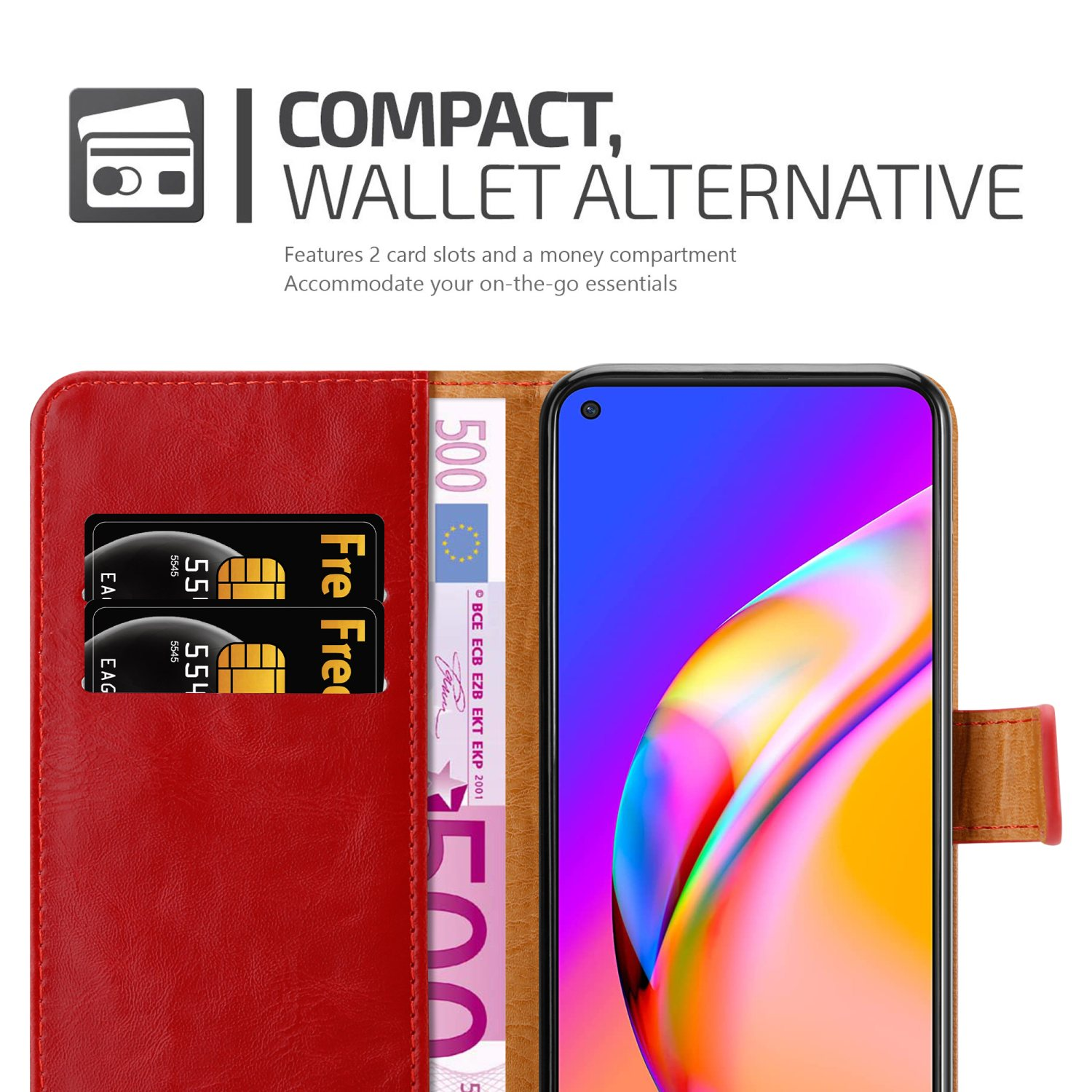 Custodia per telefono rossa con carte, denaro e telefono. Testo: COMPATTO, ALTERNATIVA AL PORTAFOGLIO.
