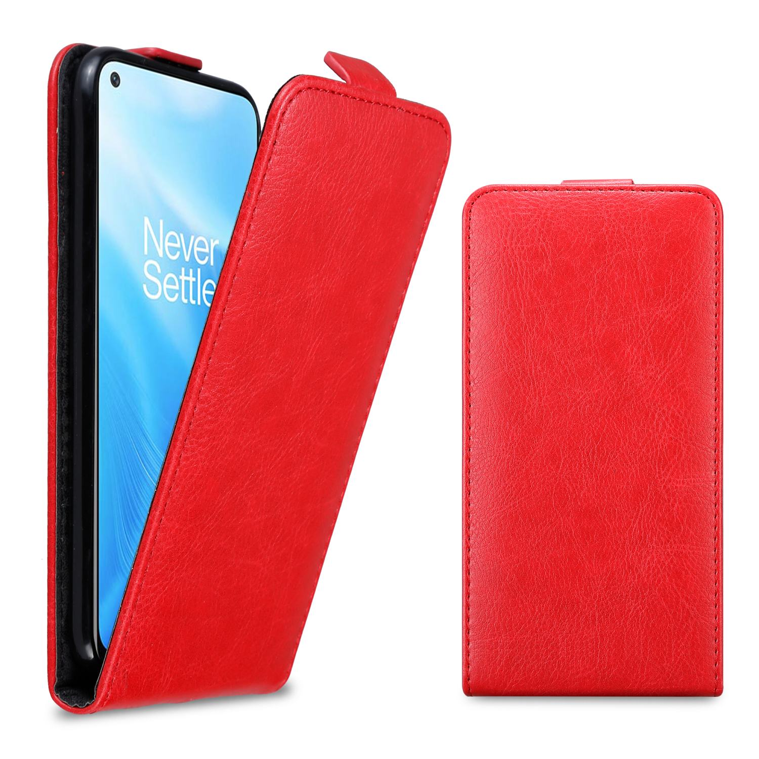 Custodia rossa con telefono dentro. La custodia è aperta. Lo schermo mostra testo. Custodia chiusa a destra.
