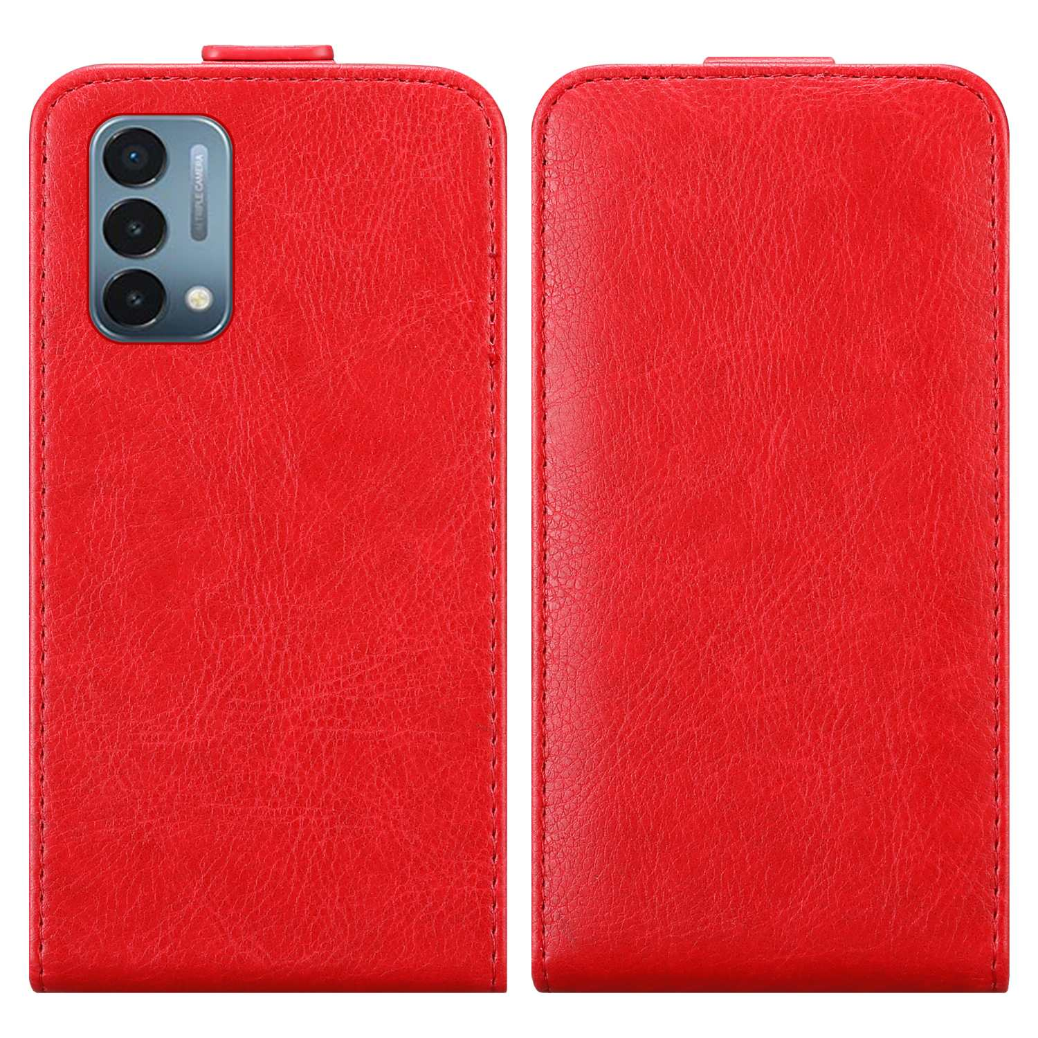 Custodia per telefono rossa, chiusa e aperta. La custodia ha una tripla fotocamera e una texture in pelle rossa.