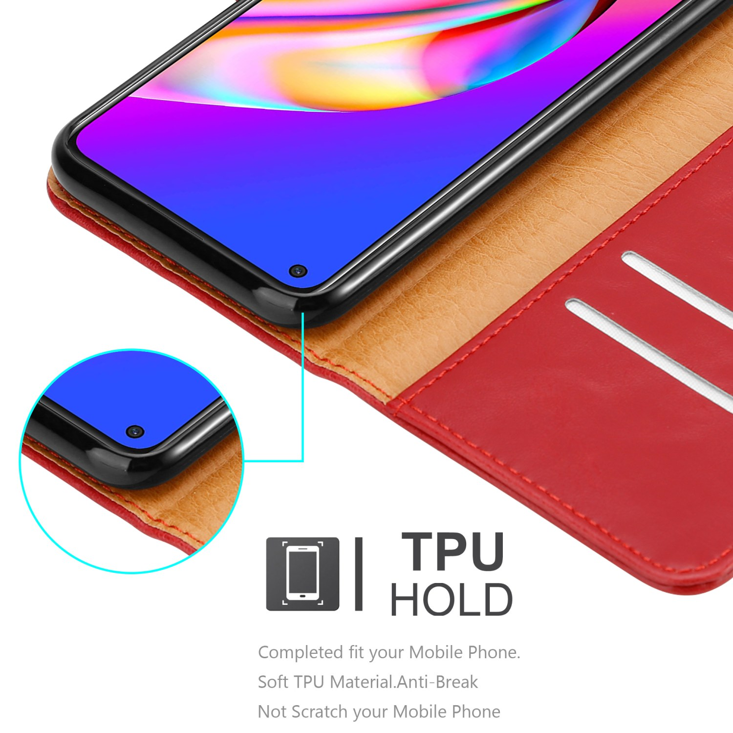 Custodia per telefono, aperta, con telefono all'interno e testo sulla presa TPU.