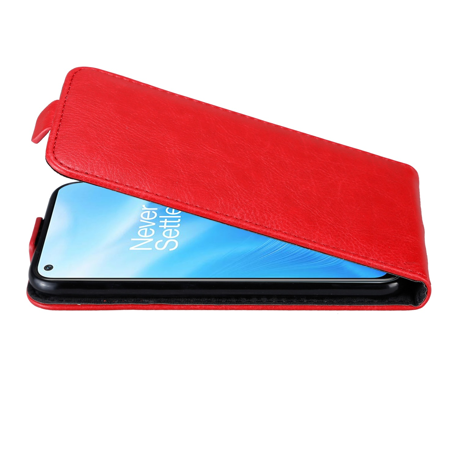 Custodia per telefono rossa aperta, con un telefono nero all'interno. Il telefono mostra le parole: Never Settle.