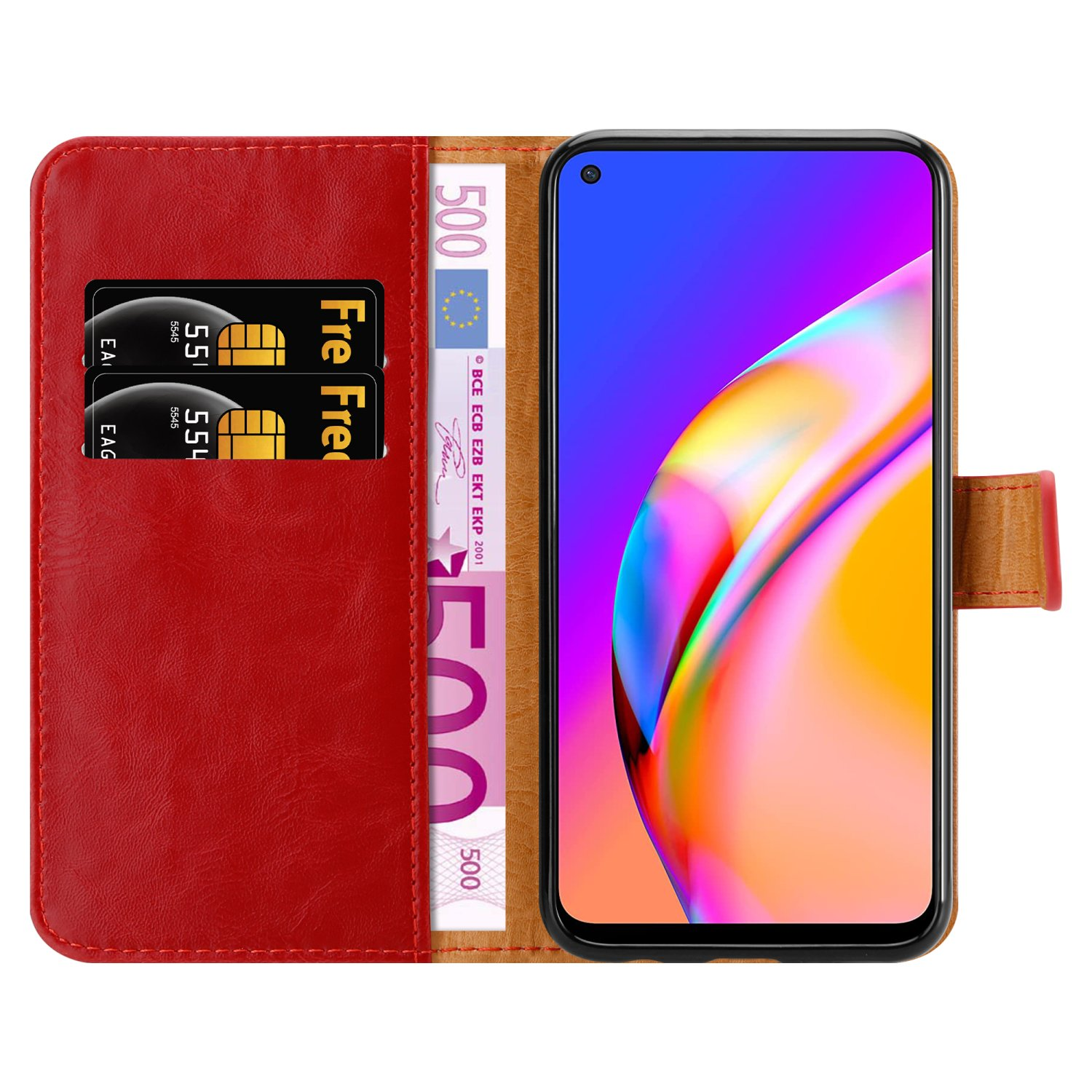 Custodia a portafoglio rossa con telefono, due carte e banconota da 500 euro. Lo schermo mostra un'immagine colorata.