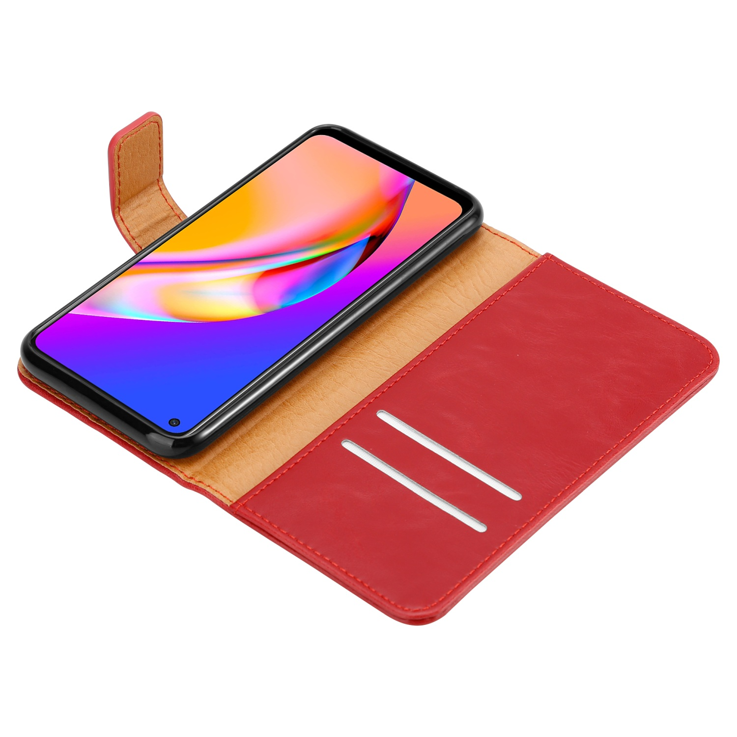Custodia telefono rossa aperta, mostra telefono. Due fessure per carte visibili.