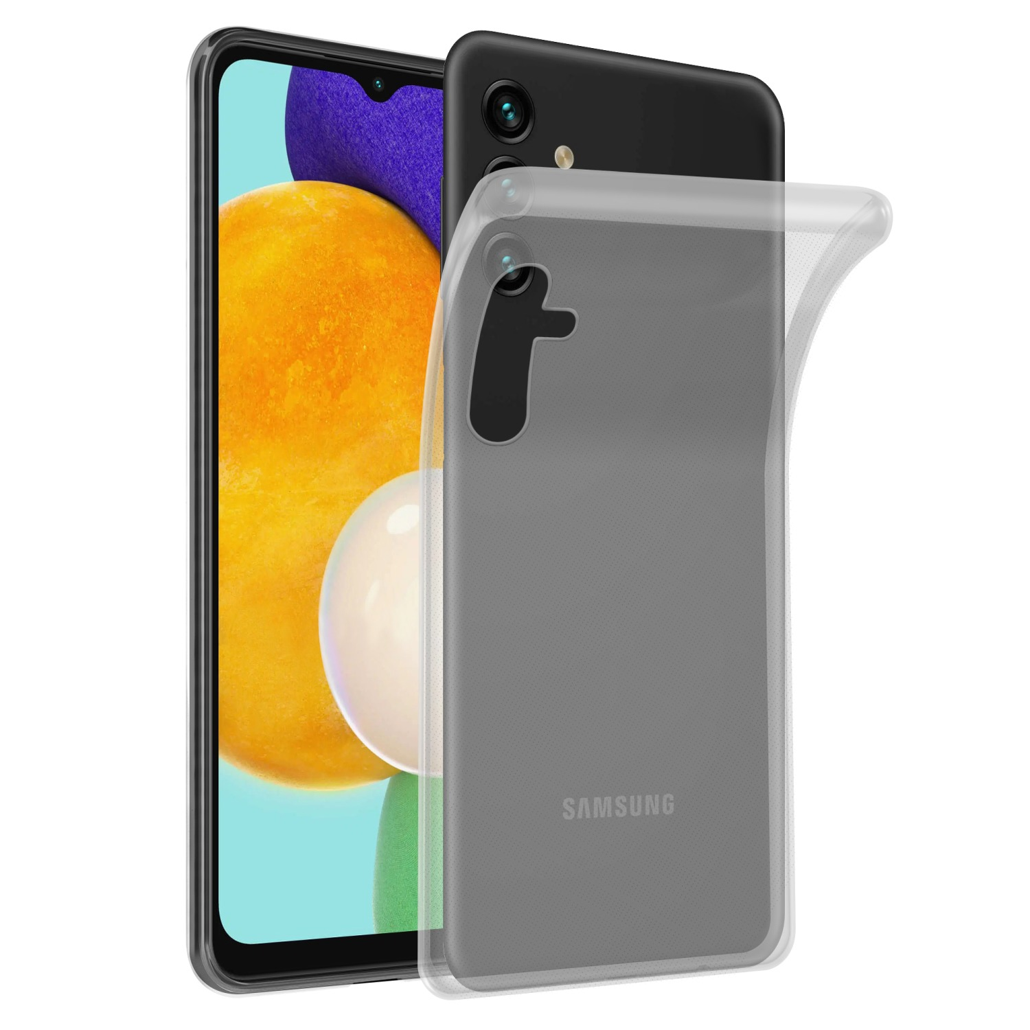Custodia trasparente per telefono su telefono nero. Mostra la fotocamera e i dettagli del telefono.