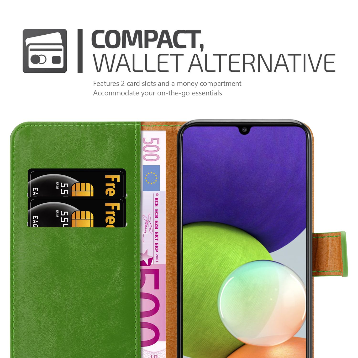 Custodia per telefono verde aperta con un telefono all'interno. Carte e denaro visibili. Il testo dice 'Wallet Alternative'.