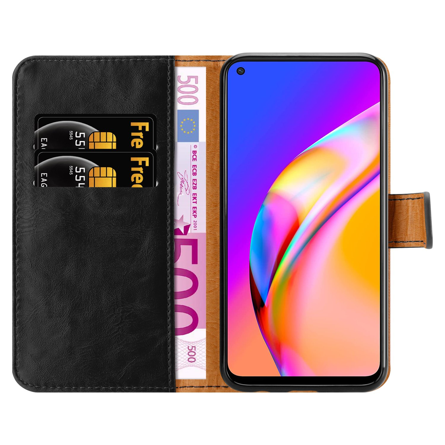 Portafoglio per telefono nero e marrone con telefono e denaro all'interno. Lo schermo ha un design colorato.