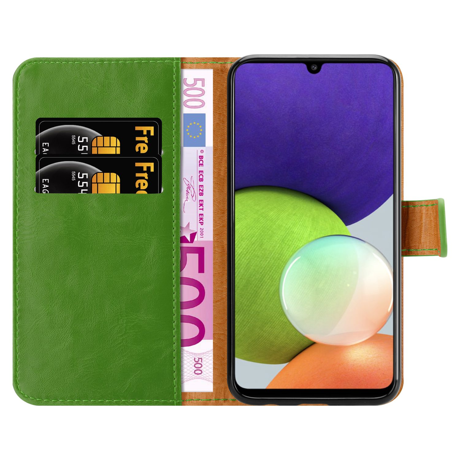 Una custodia per telefono verde con carte e denaro all'interno e un telefono con display colorato.