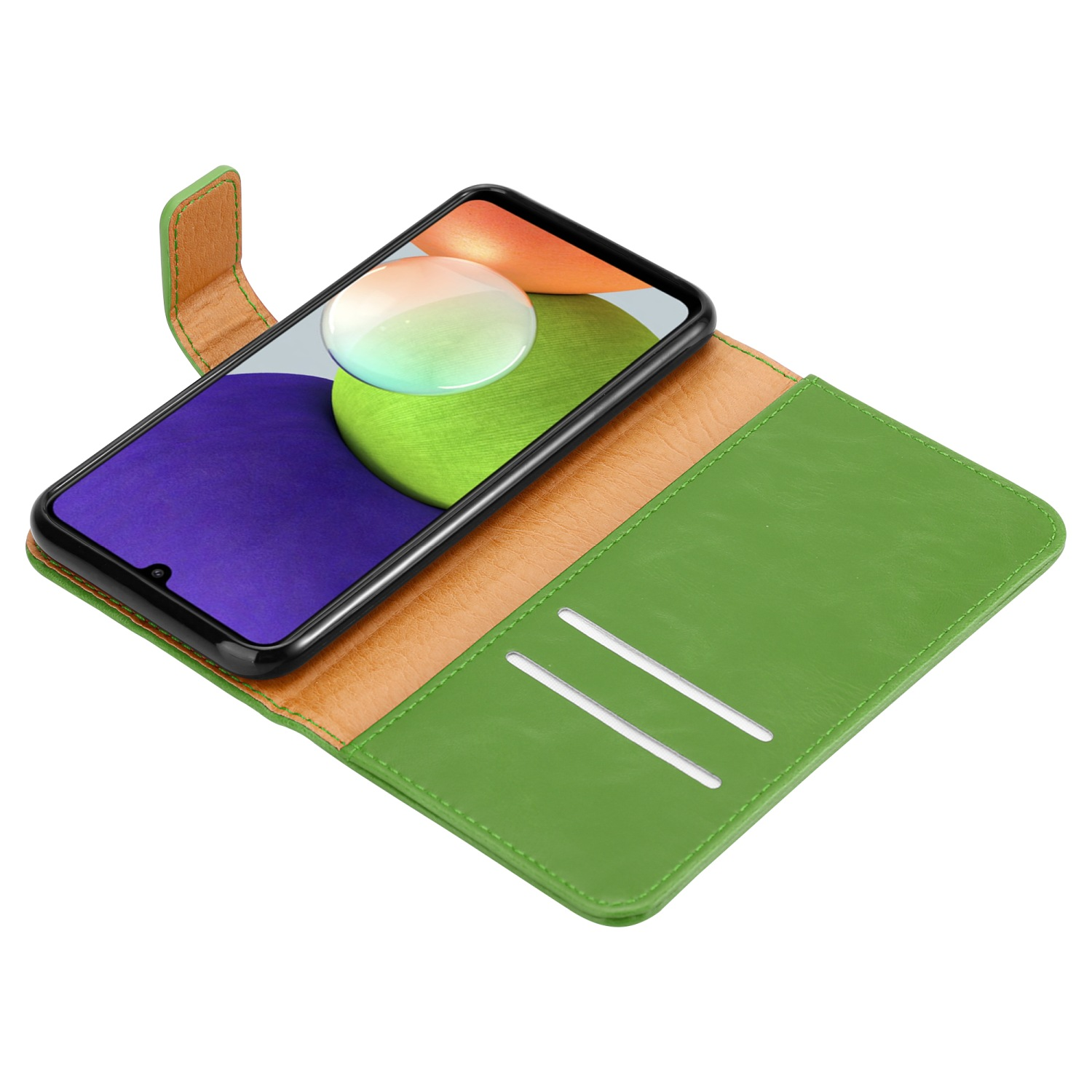 Custodia per telefono verde aperta con telefono all'interno. Il telefono ha uno schermo verde, arancione e viola.