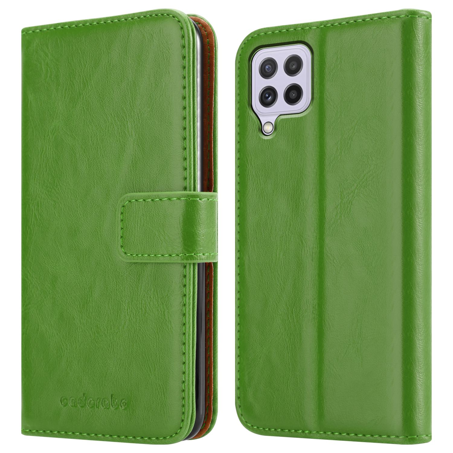 Custodia verde per telefono aperta con un telefono all'interno. La custodia è verde e ha una trama in pelle.
