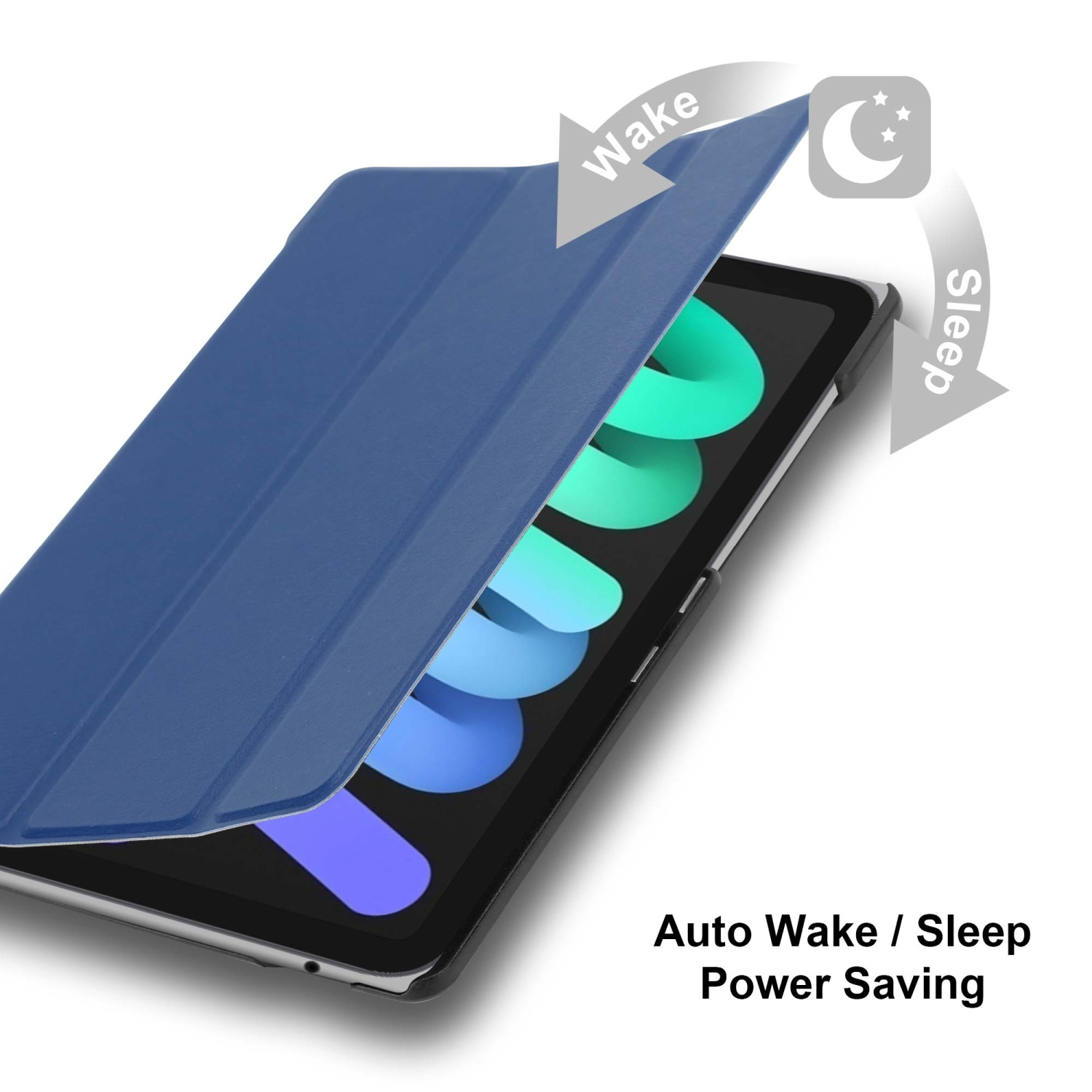 Custodia blu per tablet aperta, schermo visibile. Frecce indicano la funzione wake/sleep.