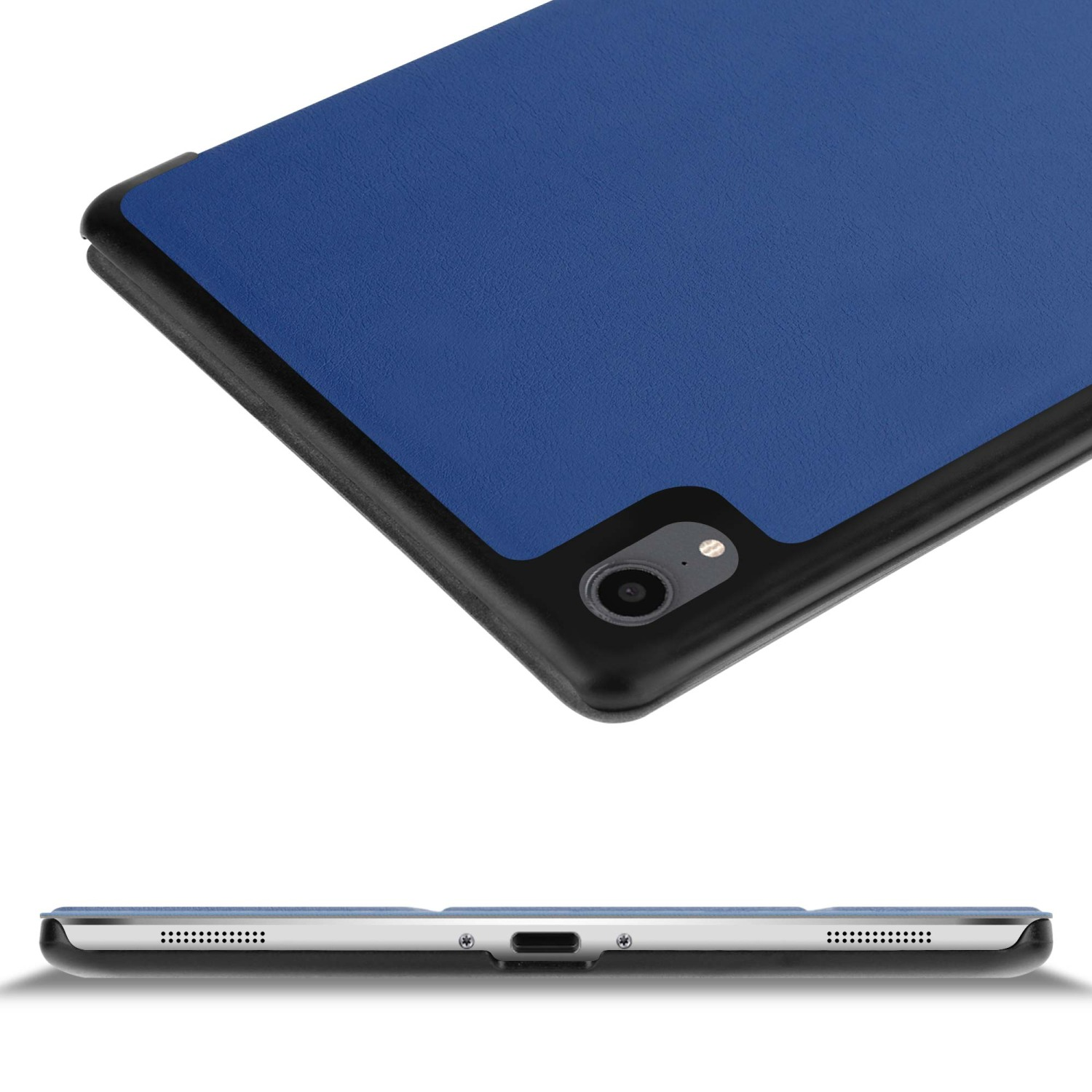 Custodia per tablet blu, fotocamera visibile. Bordo inferiore e vista laterale.