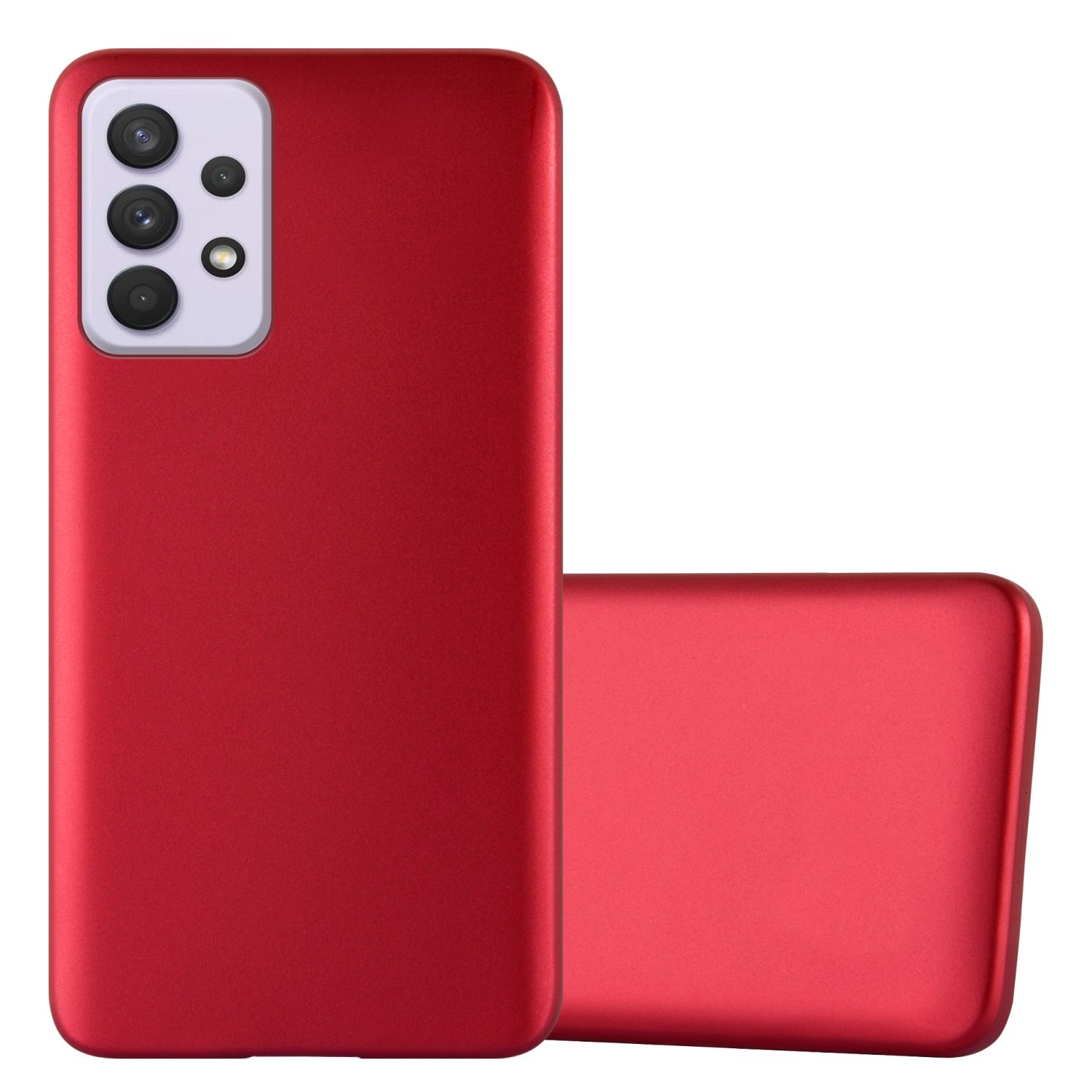 Eine rote Handyhülle mit Kamera. Die Hülle befindet sich auf weißem Hintergrund. Das Telefon ist rot.
