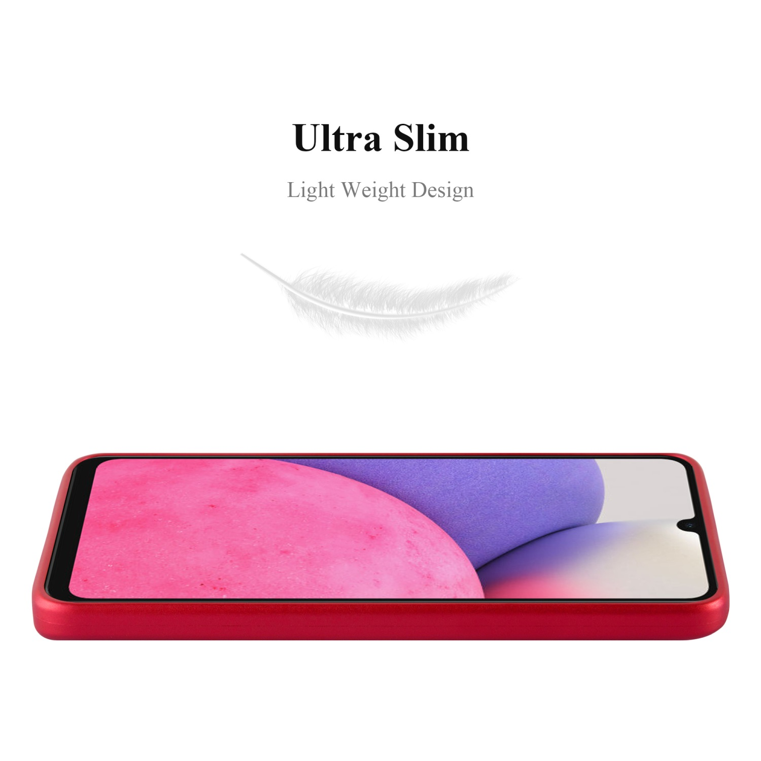 Rote Handyhülle mit rotem Telefon darin. Die Hülle ist schlank.
