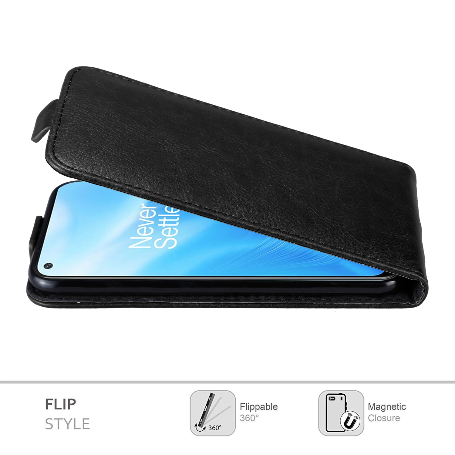 Custodia per telefono nera in stile flip, con il telefono visibile. Mostra la chiusura magnetica e il design ribaltabile.