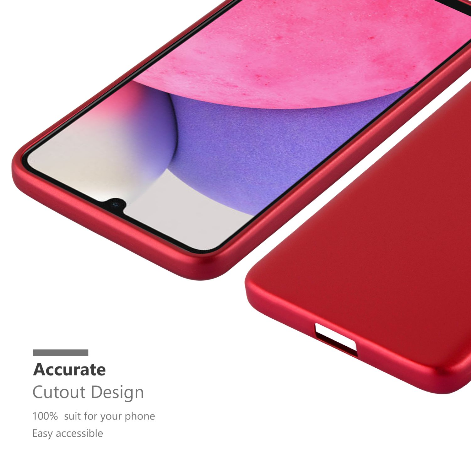 Rote Handyhülle, Ausschnittdesign. Zeigt den Rahmen des Telefons. Weißer Hintergrund.