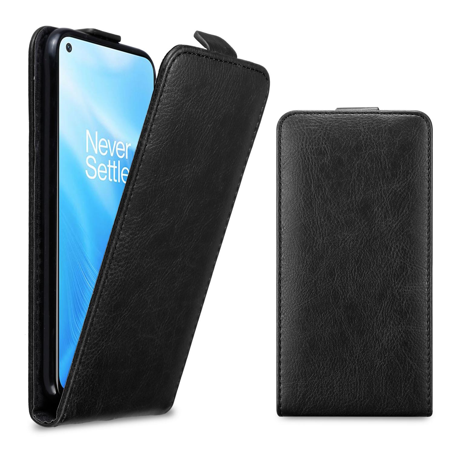 Custodia per telefono nera con un telefono all'interno e la cover aperta. Il telefono è a sinistra.
