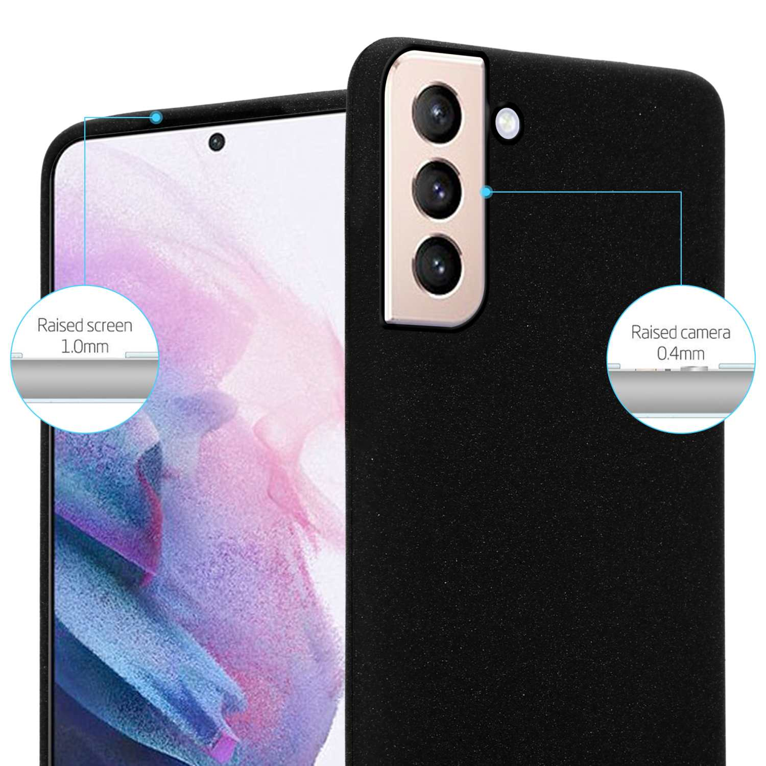 Primo piano di una custodia nera per telefono con dettagli della fotocamera e dello schermo. Il testo indica l'altezza dello schermo e della fotocamera.