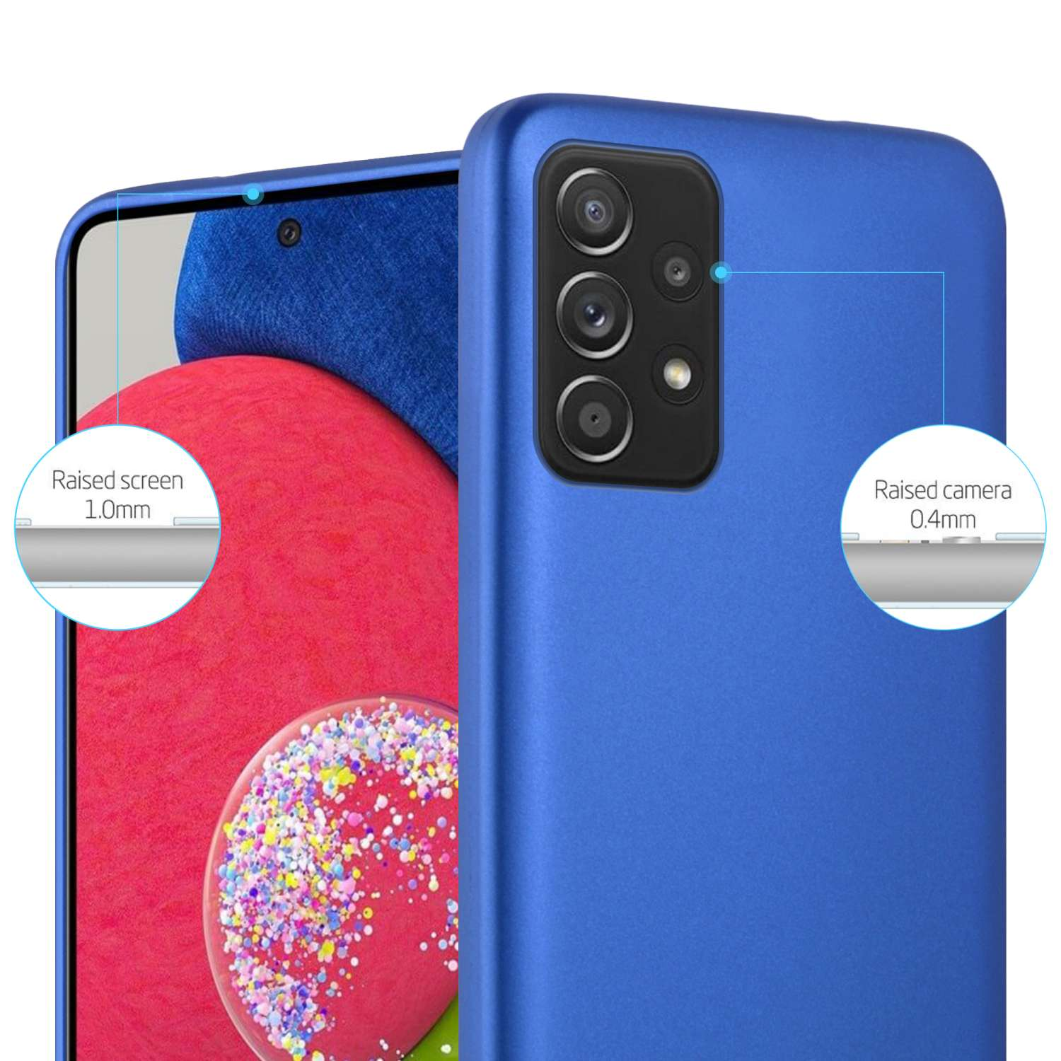 Una custodia per telefono blu con bordi rialzati. Testo: Schermo rialzato, Fotocamera rialzata.