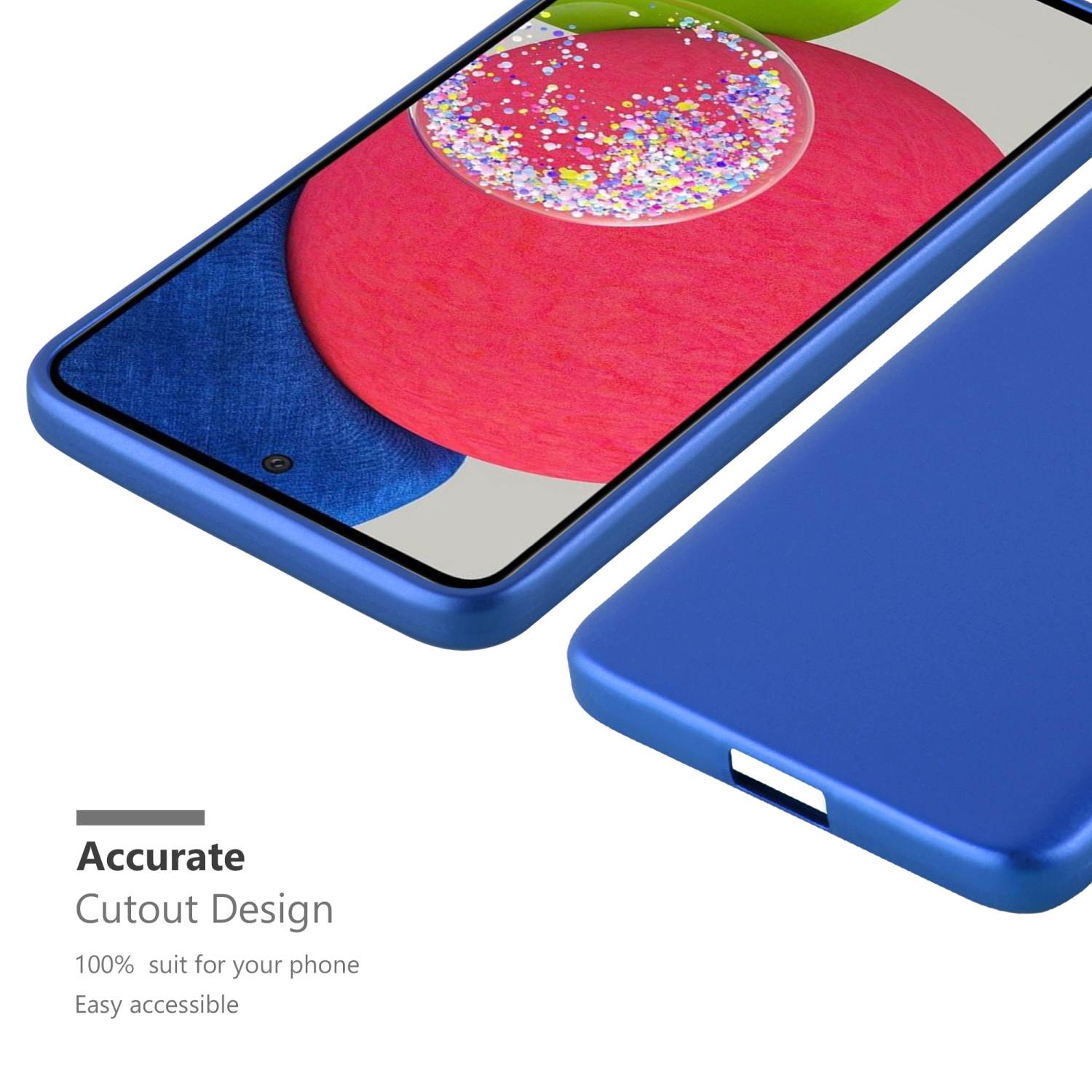 Custodia blu con telefono. Lo schermo mostra coriandoli.