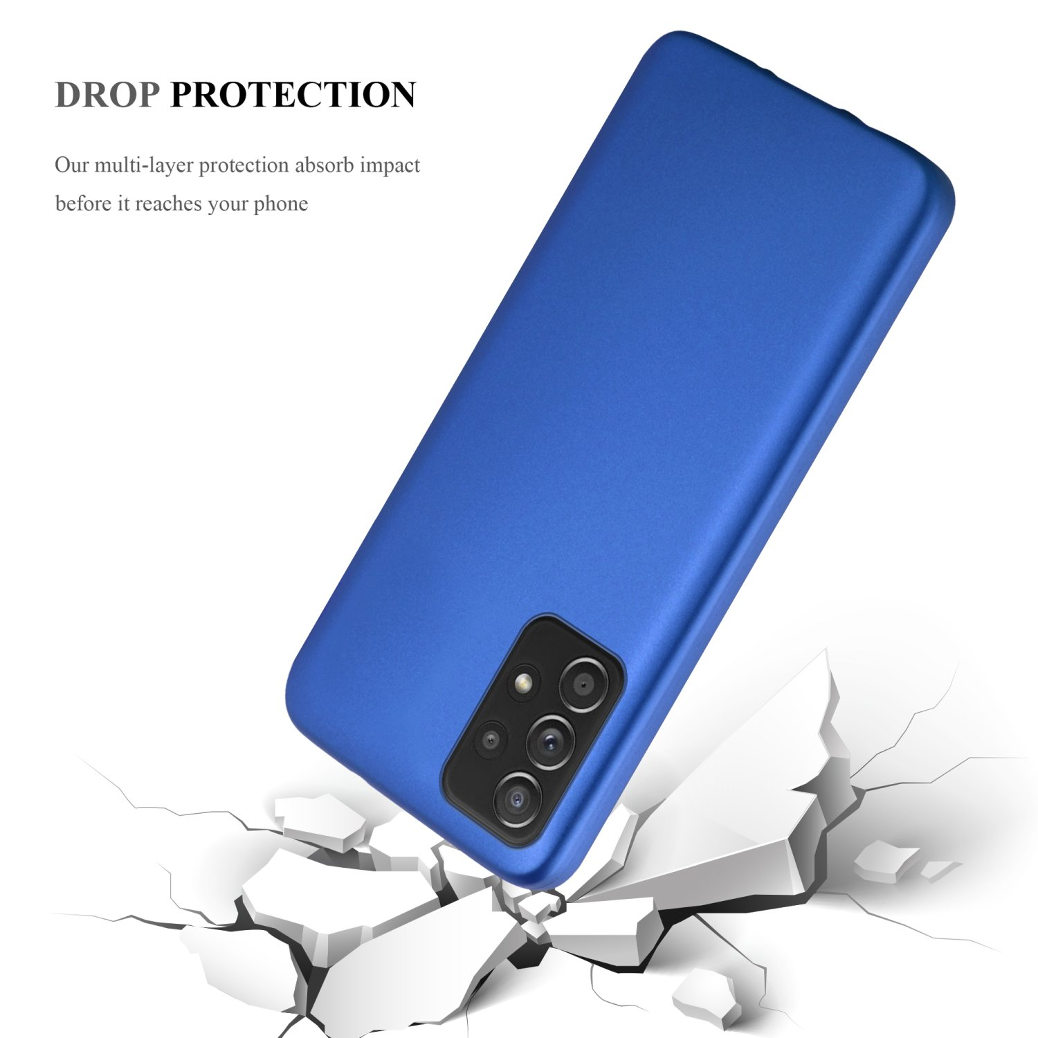 Custodia blu per telefono su una superficie bianca. La custodia è posizionata con una superficie incrinata sottostante.