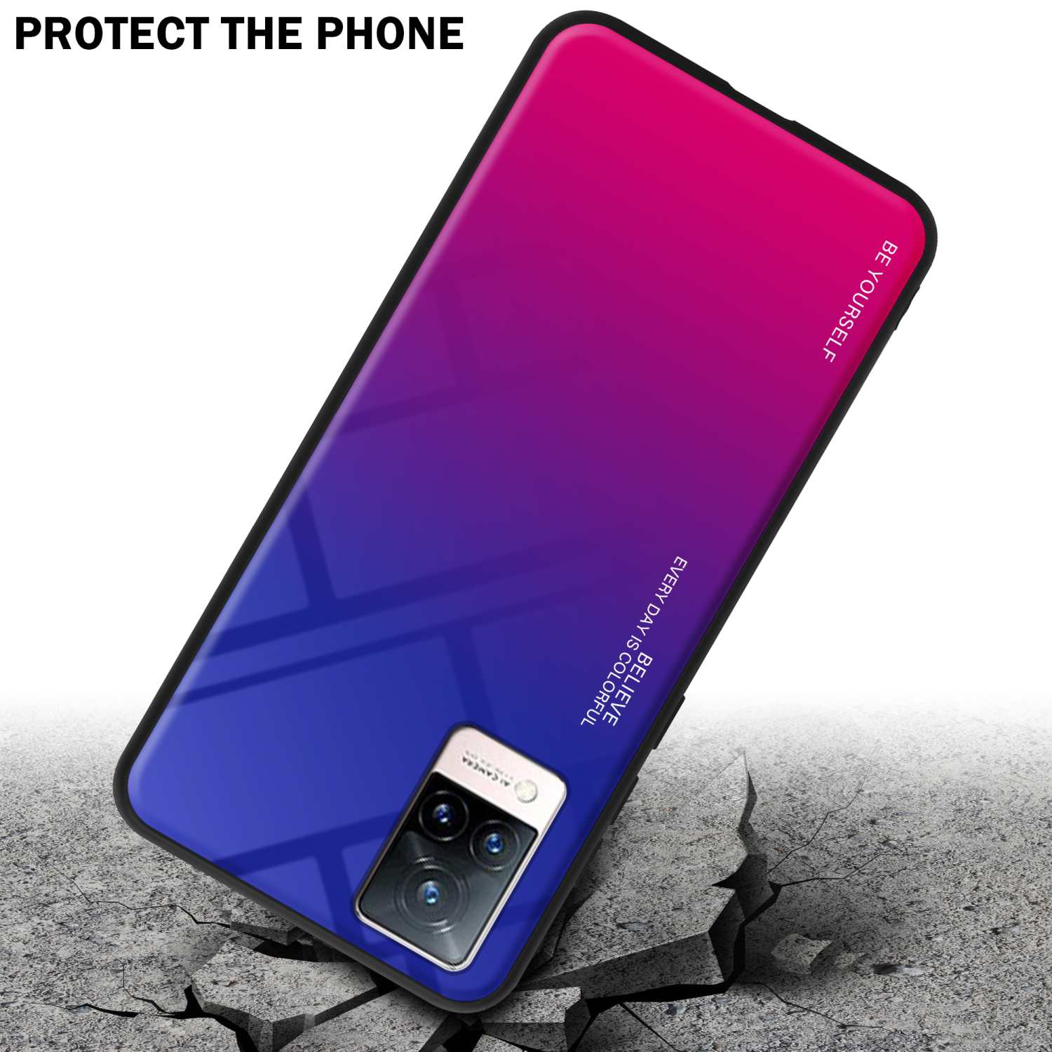 Custodia per telefono con sfumatura blu e viola. Testo: Proteggi il telefono. Credi, ogni giorno è colorato.
