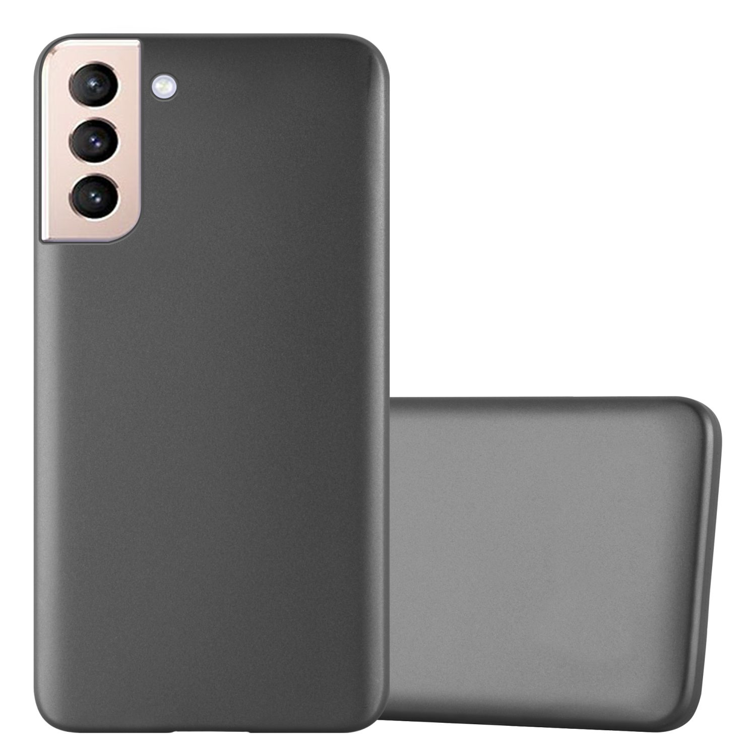 Custodia grigio scuro per telefono con uno smartphone all'interno. La custodia è aperta e angolata.